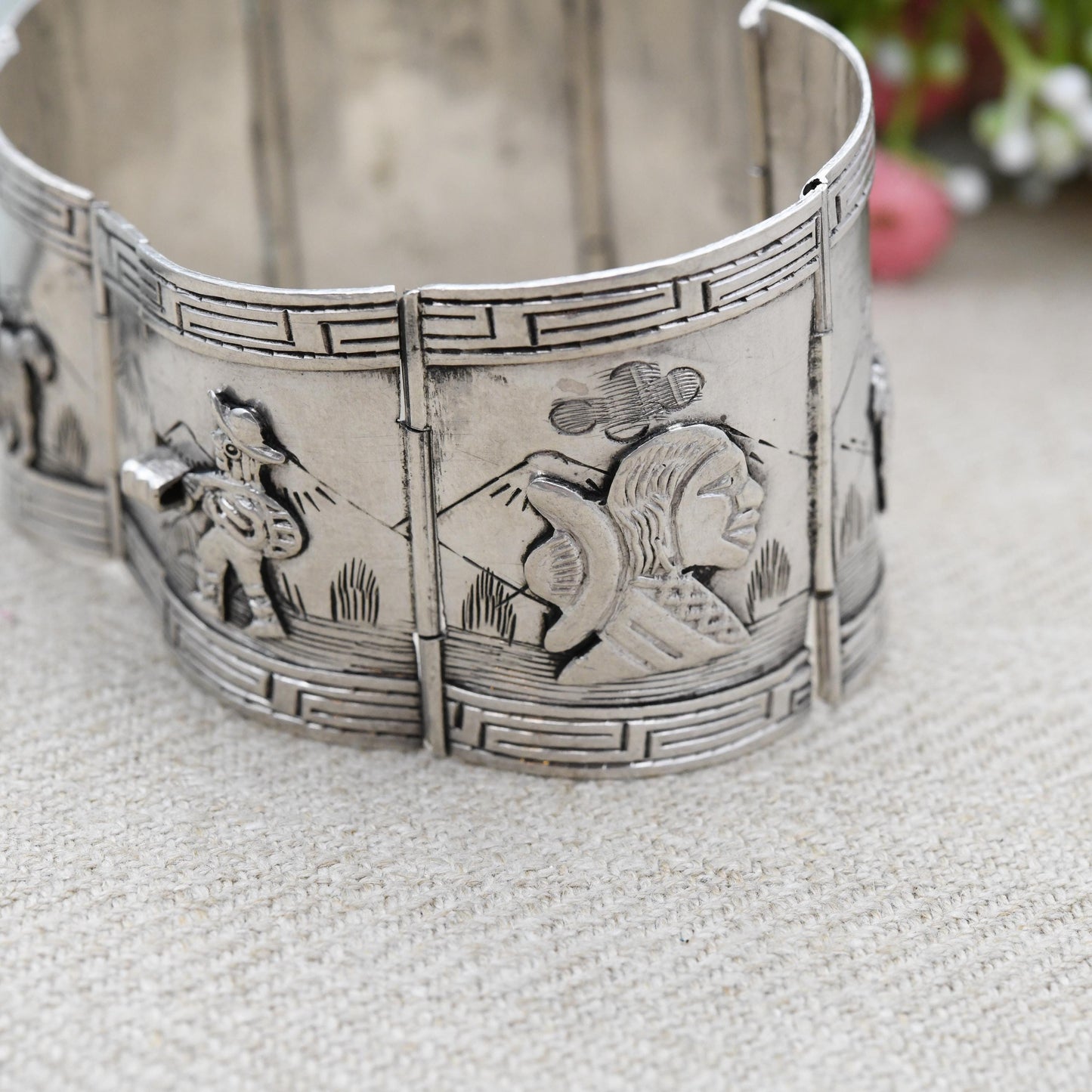 Vintage Peruvian Sterling Silver Bracelet Engraved Relief Panels - Souvenir Scenes Llama Alpaca Working People Detailed | Slide Box Clasp