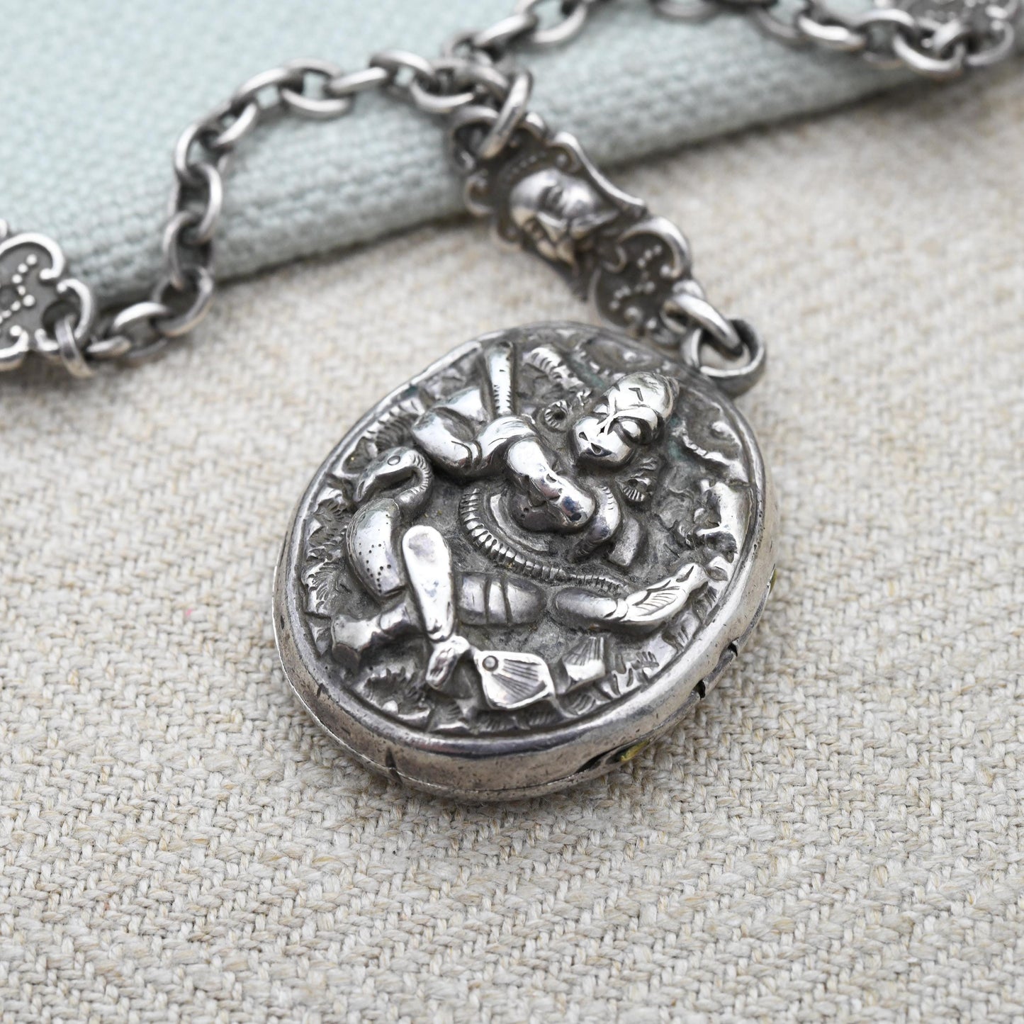 Antique Sterling Silver Locket Necklace with Hindu Deity Relief - Vishnu God on Garuda Eagle Bird Cross Legged Holding a Club | Asian Silver