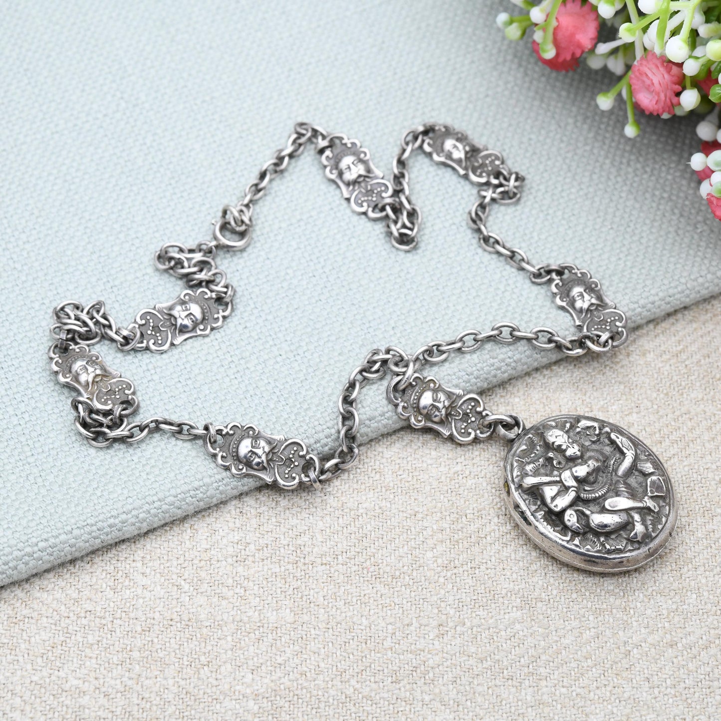 Antique Sterling Silver Locket Necklace with Hindu Deity Relief - Vishnu God on Garuda Eagle Bird Cross Legged Holding a Club | Asian Silver
