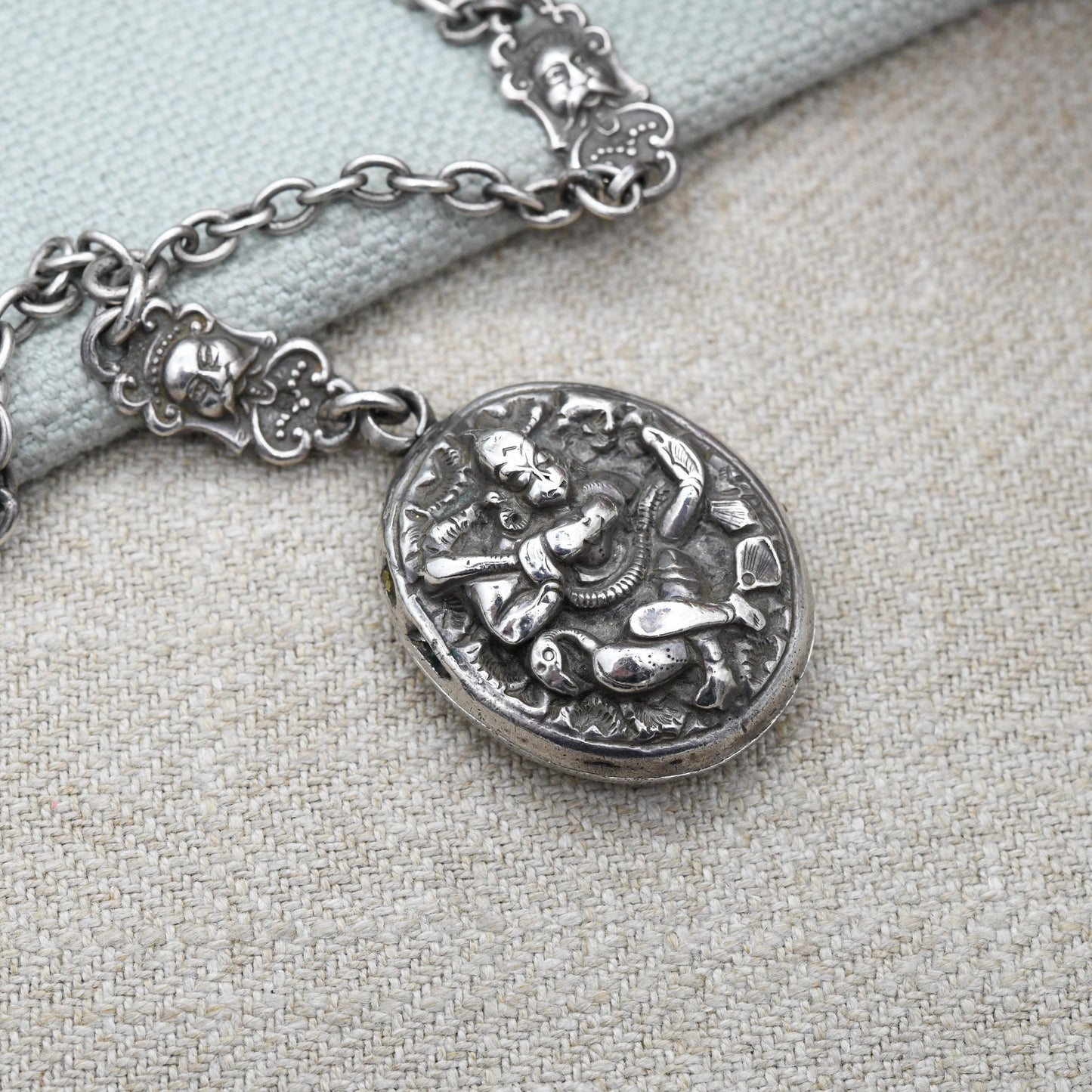 Antique Sterling Silver Locket Necklace with Hindu Deity Relief - Vishnu God on Garuda Eagle Bird Cross Legged Holding a Club | Asian Silver