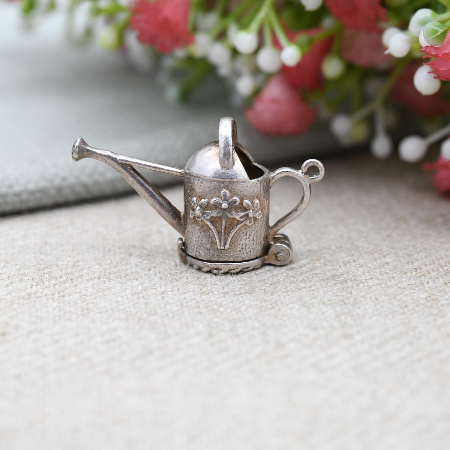Vintage Sterling Silver Opening Watering Can Charm Pendant with Flower Inside - Pretty Florals | Opens to Reveal Flowers | Gift for Gardener
