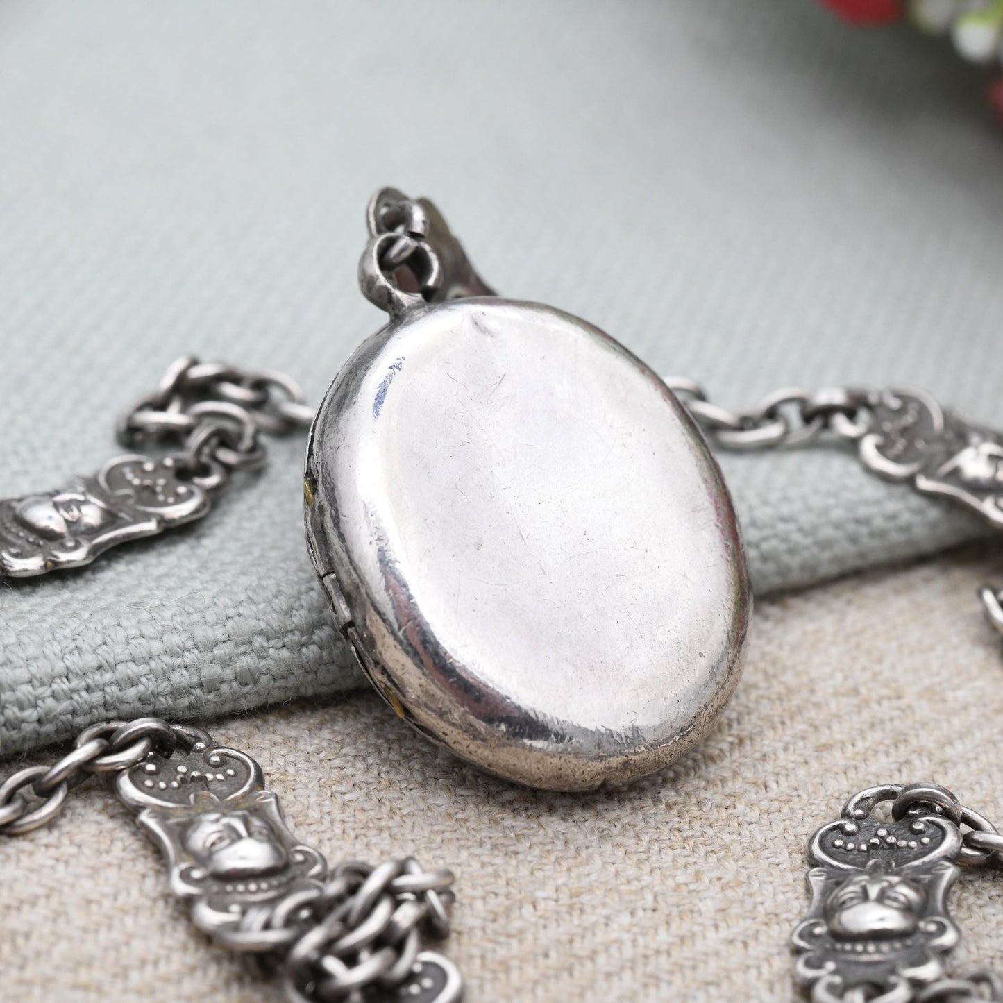 Antique Sterling Silver Locket Necklace with Hindu Deity Relief - Vishnu God on Garuda Eagle Bird Cross Legged Holding a Club | Asian Silver