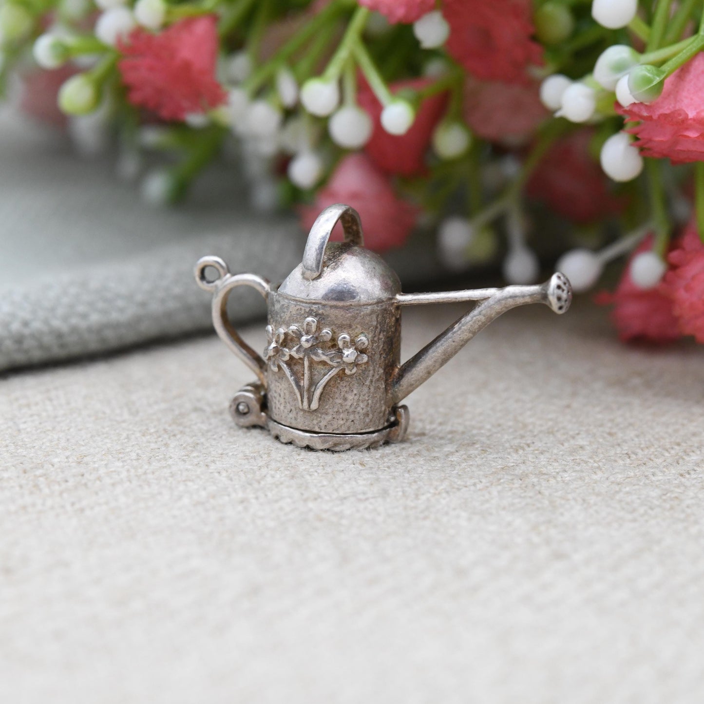Vintage Sterling Silver Opening Watering Can Charm Pendant with Flower Inside - Pretty Florals | Opens to Reveal Flowers | Gift for Gardener