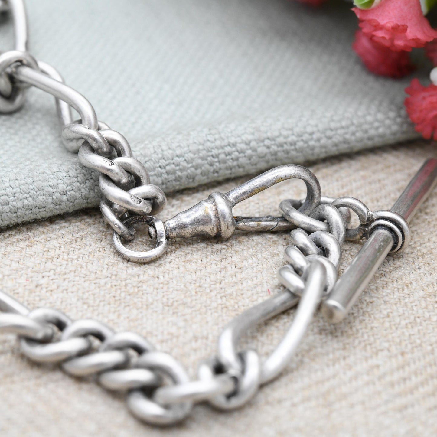 Antique Sterling Silver Figaro Link Albert Chain 1914 with Dog Clip and T-Bar by Henry Pope HP - Chunky Solid | Each Link Stamped | 33cm 13"