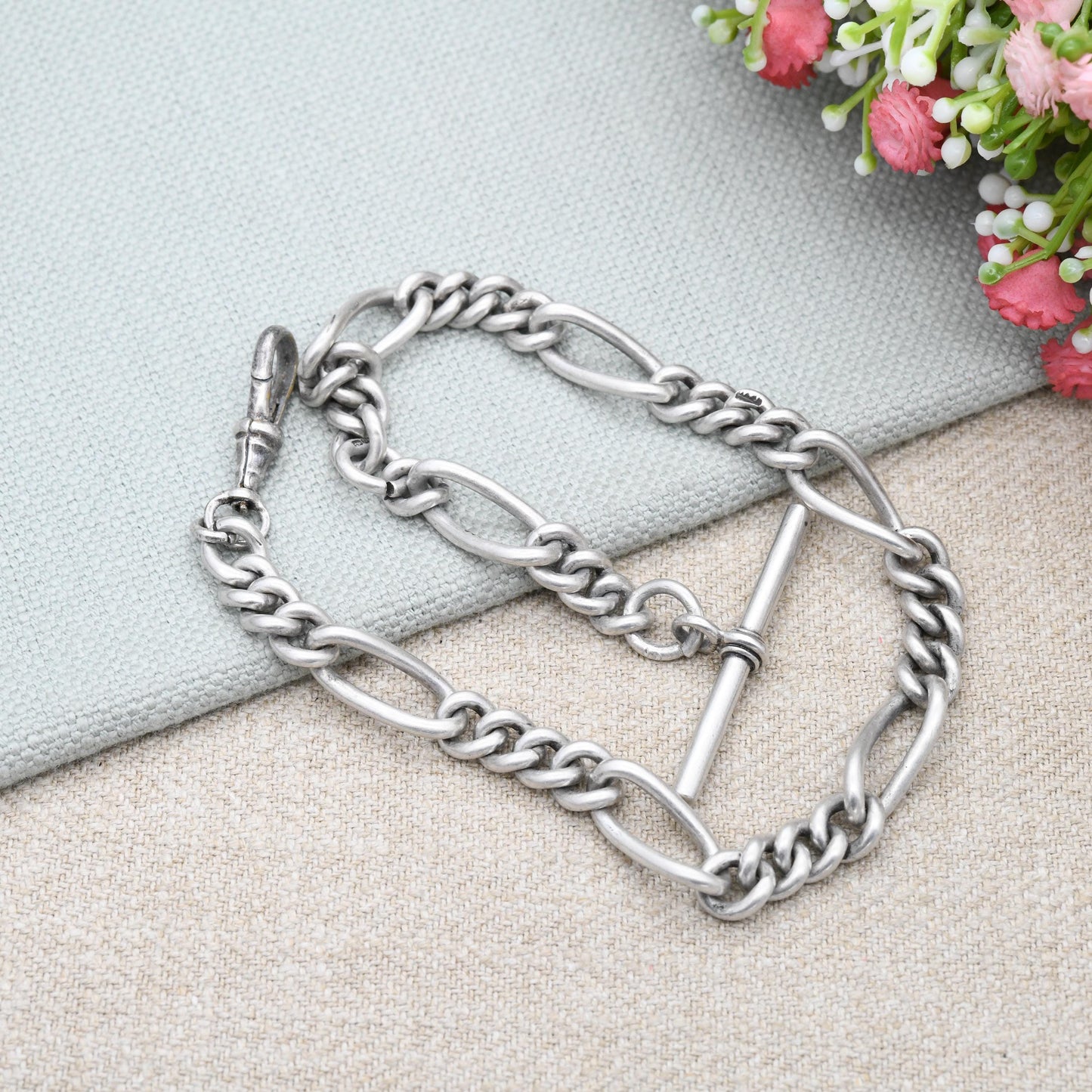Antique Sterling Silver Figaro Link Albert Chain 1914 with Dog Clip and T-Bar by Henry Pope HP - Chunky Solid | Each Link Stamped | 33cm 13"