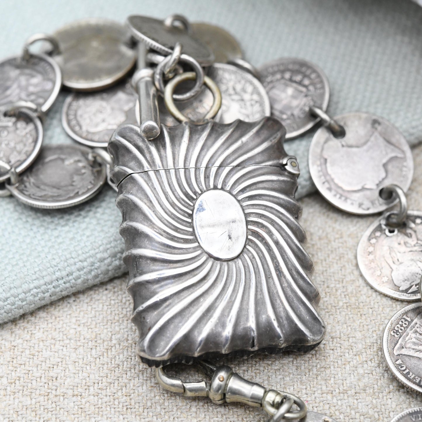 Antique Sterling Silver Coin Albert Chain 1891 with Dog Clip T-Bar & Vesta Case by John Millward Banks JMB - Victorian World Coin Collection