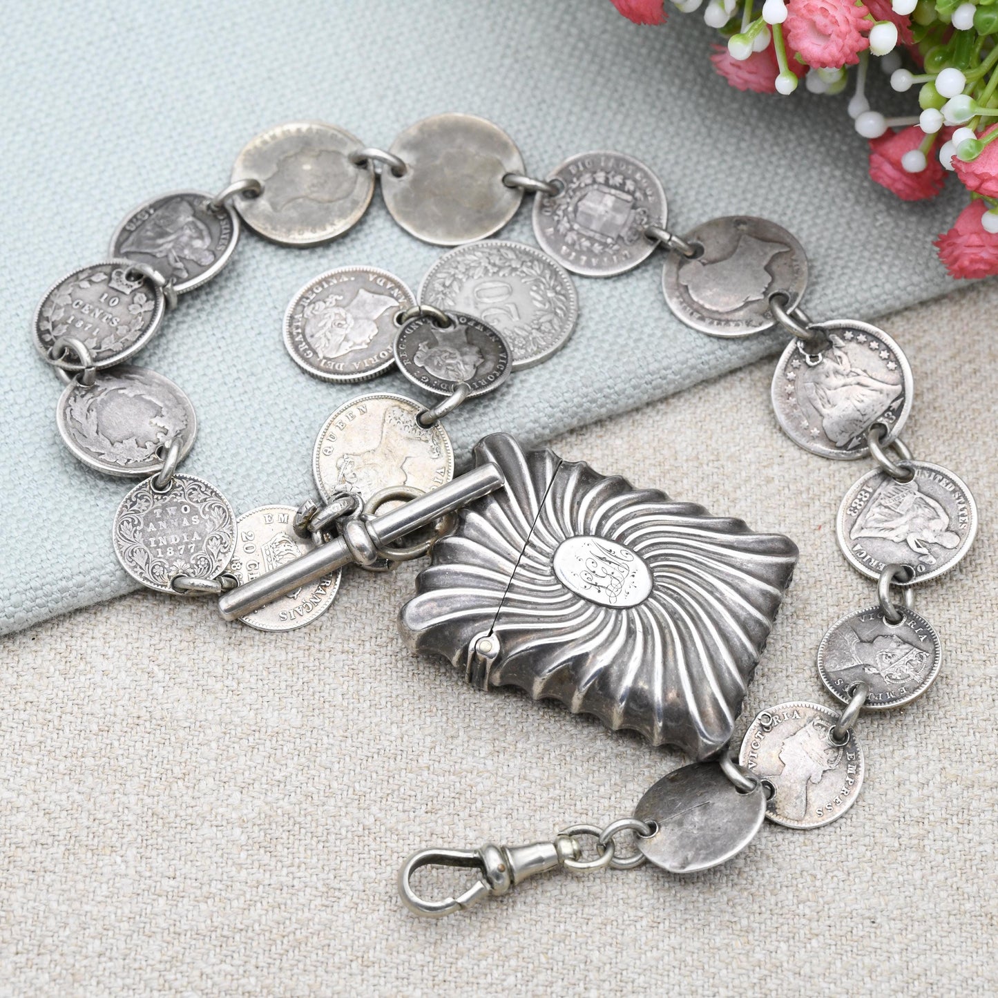 Antique Sterling Silver Coin Albert Chain 1891 with Dog Clip T-Bar & Vesta Case by John Millward Banks JMB - Victorian World Coin Collection