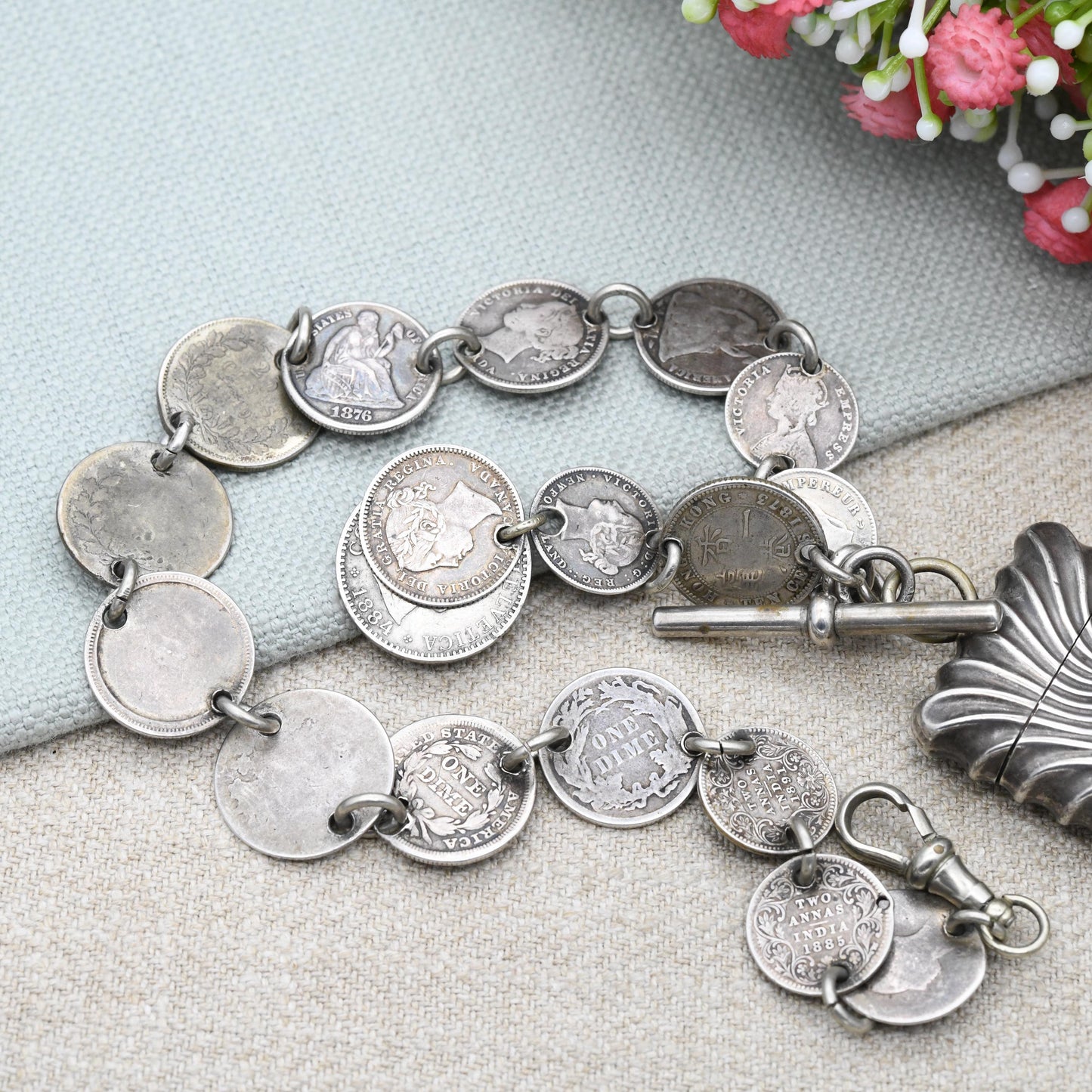 Antique Sterling Silver Coin Albert Chain 1891 with Dog Clip T-Bar & Vesta Case by John Millward Banks JMB - Victorian World Coin Collection