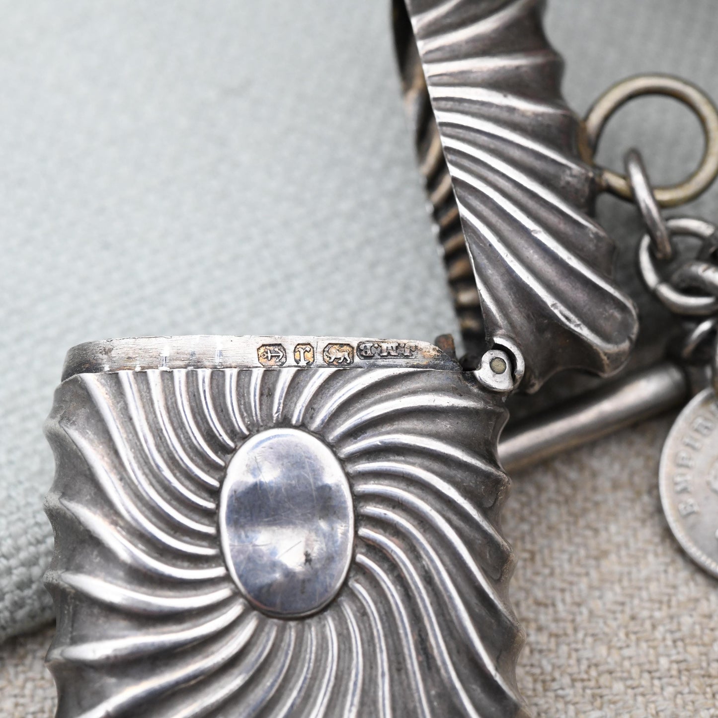 Antique Sterling Silver Coin Albert Chain 1891 with Dog Clip T-Bar & Vesta Case by John Millward Banks JMB - Victorian World Coin Collection