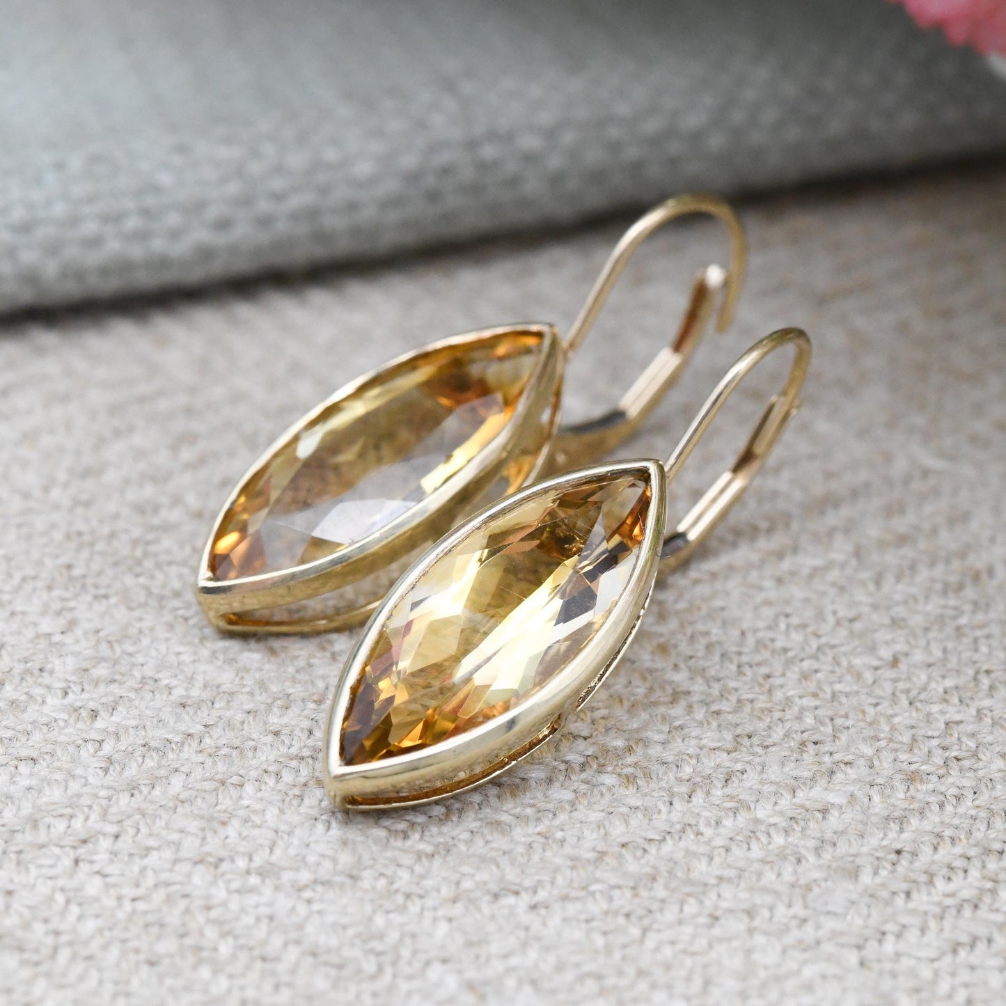 9ct Gold Citrine Earrings Marquise Cut - Large Faceted Yellow Gemstone Drop Earrings | Latch Back Statement Earrings