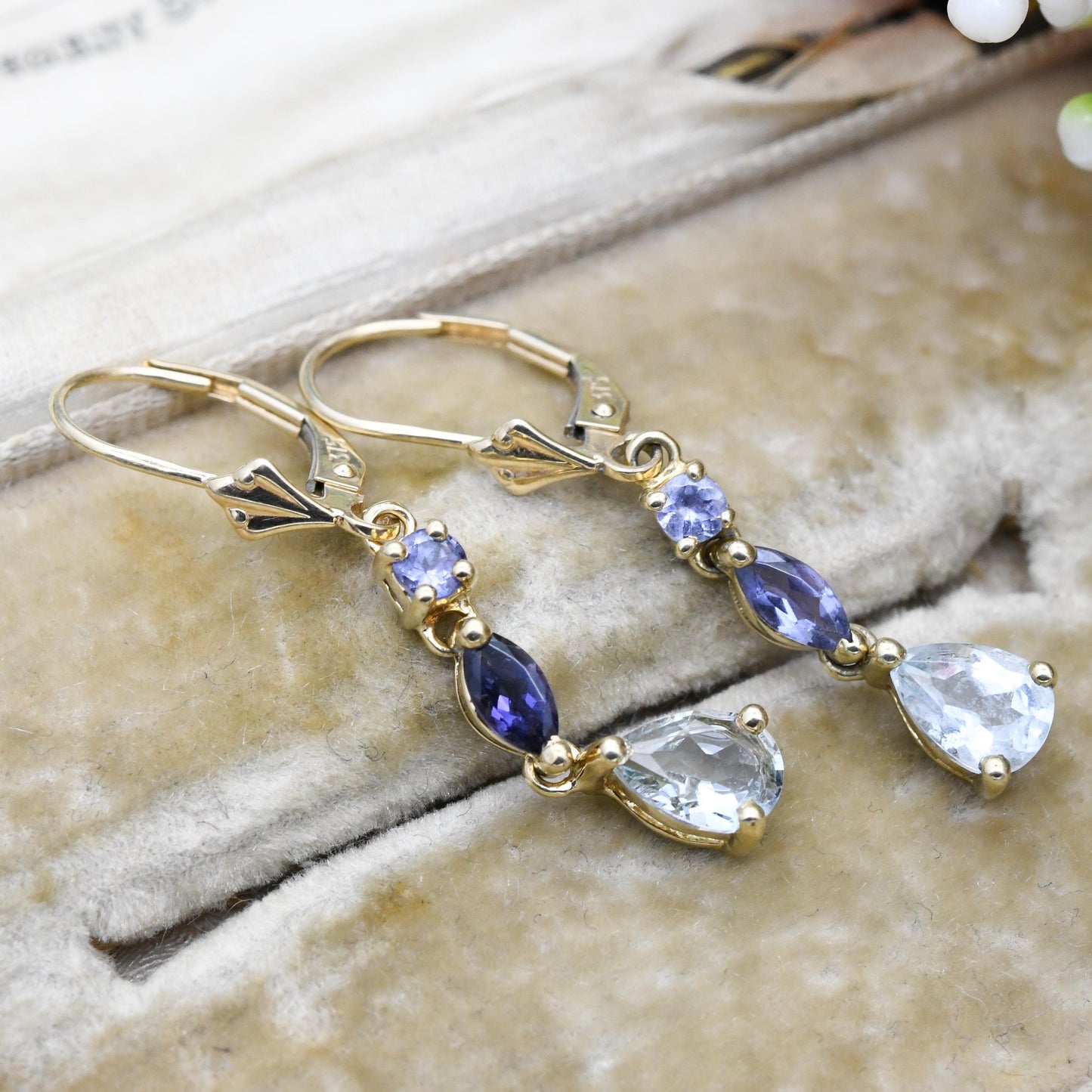 9ct Gold Gemstone Drop Earrings with Iolite and Tanzanite - Teardrop Faceted Gems Dangle Earrings with Lever Backs | with Light Blue Stone
