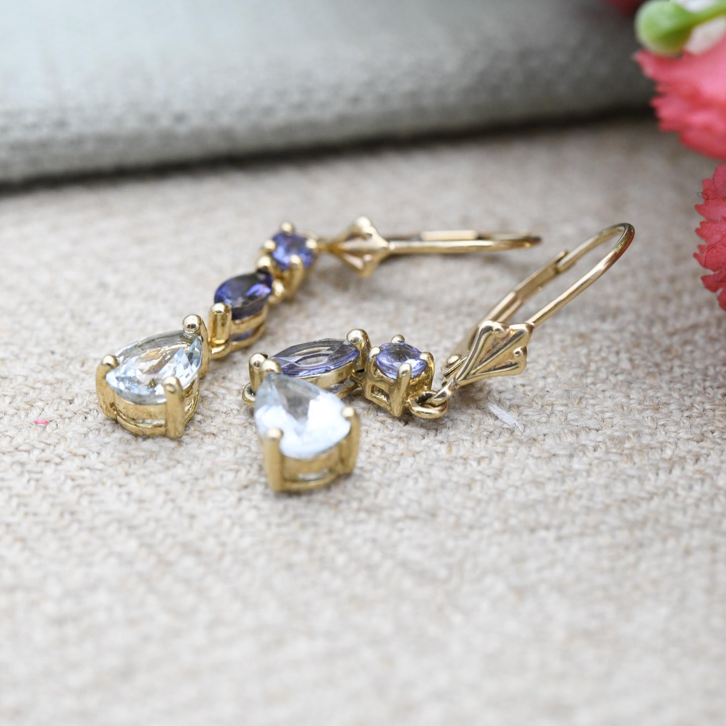 9ct Gold Gemstone Drop Earrings with Iolite and Tanzanite - Teardrop Faceted Gems Dangle Earrings with Lever Backs | with Light Blue Stone
