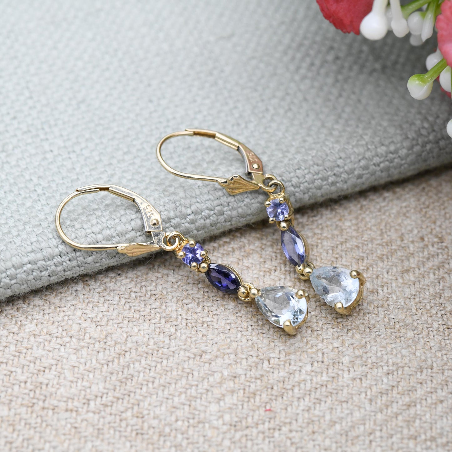9ct Gold Gemstone Drop Earrings with Iolite and Tanzanite - Teardrop Faceted Gems Dangle Earrings with Lever Backs | with Light Blue Stone