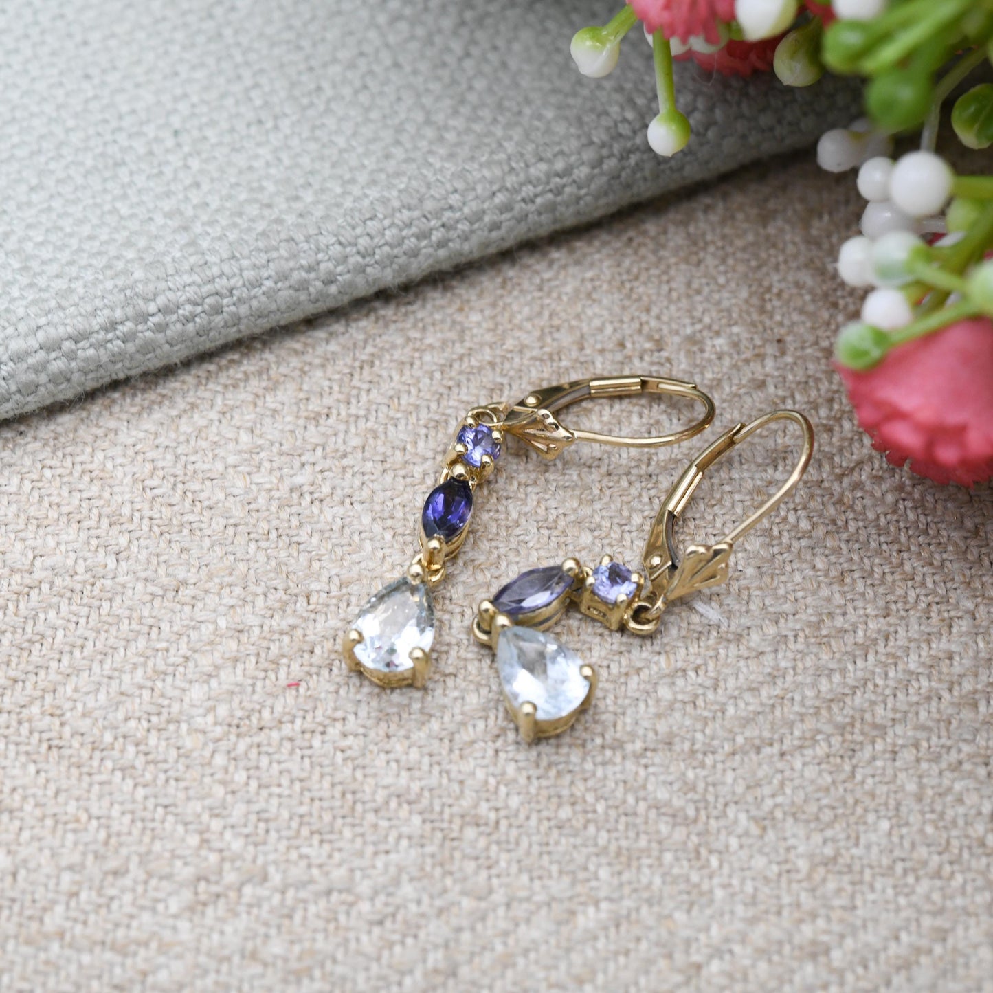 9ct Gold Gemstone Drop Earrings with Iolite and Tanzanite - Teardrop Faceted Gems Dangle Earrings with Lever Backs | with Light Blue Stone
