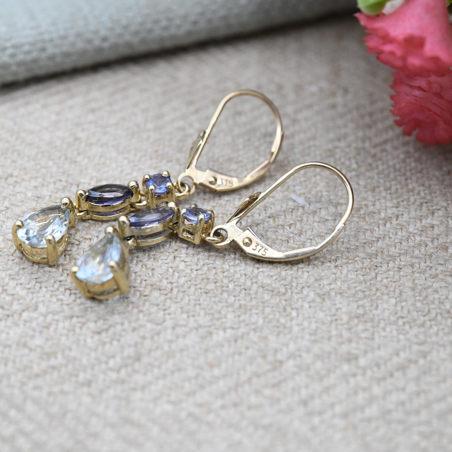 9ct Gold Gemstone Drop Earrings with Iolite and Tanzanite - Teardrop Faceted Gems Dangle Earrings with Lever Backs | with Light Blue Stone