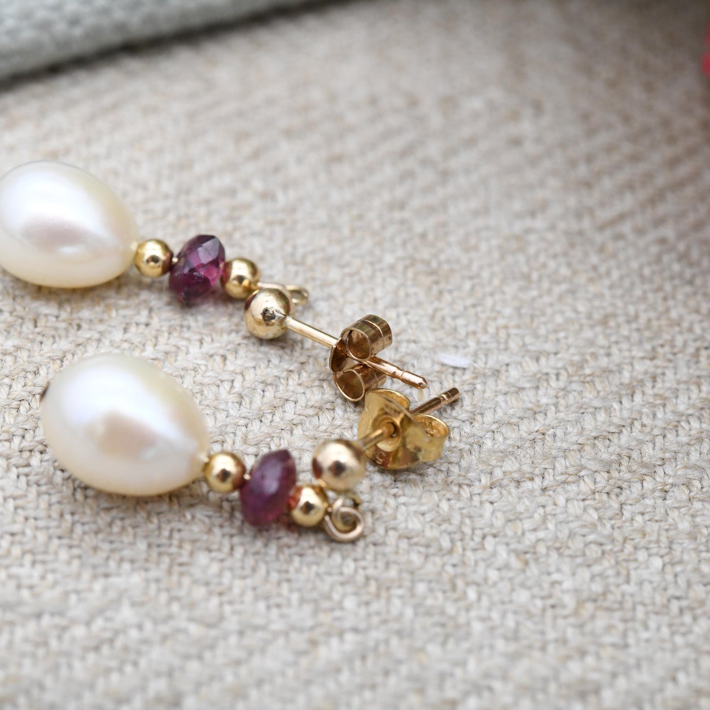 Vintage 9ct Gold Pearl and Amethyst Drop Earrings - Gemstone Bead Dangle Stud Earrings | White Round Ball | Big Cultured Pearls