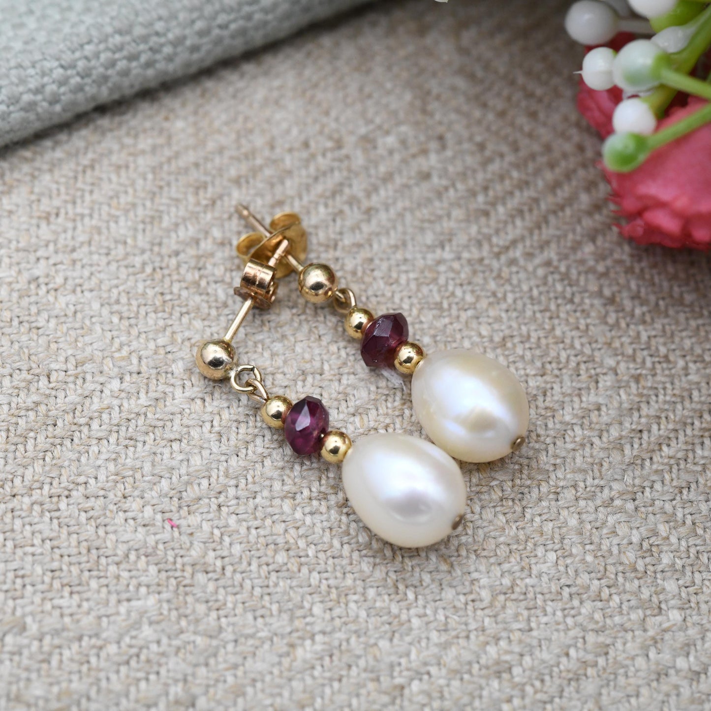 Vintage 9ct Gold Pearl and Amethyst Drop Earrings - Gemstone Bead Dangle Stud Earrings | White Round Ball | Big Cultured Pearls