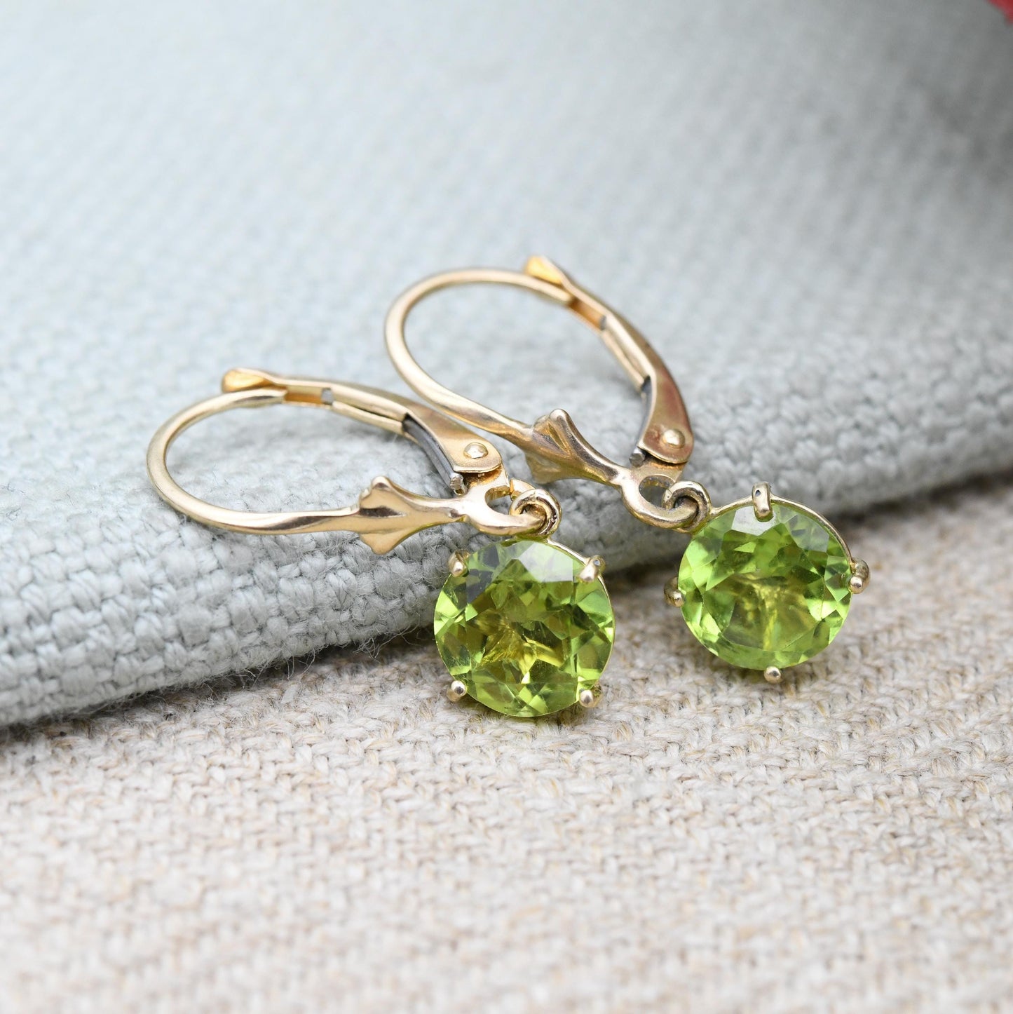 14ct Gold Peridot Drop Earrings Yellow Gold Lever Backs - Green Gemstone Faceted Round Pendant Dangle Drops