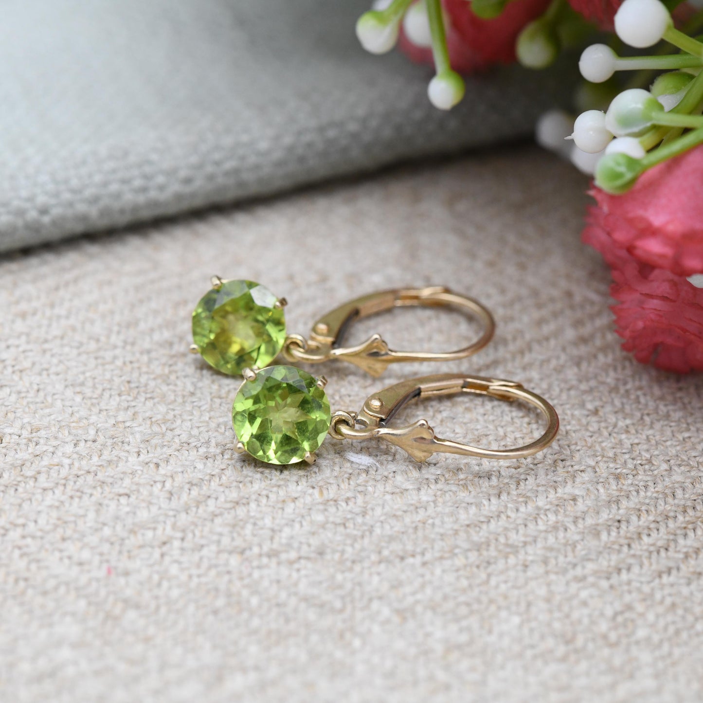 14ct Gold Peridot Drop Earrings Yellow Gold Lever Backs - Green Gemstone Faceted Round Pendant Dangle Drops