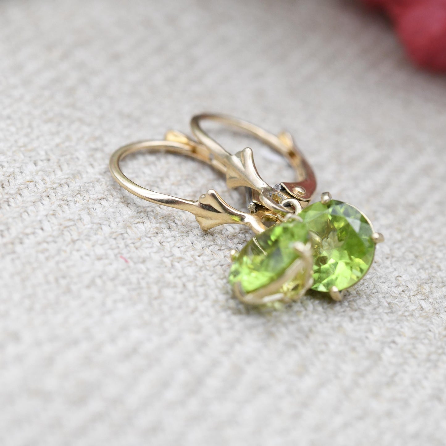 14ct Gold Peridot Drop Earrings Yellow Gold Lever Backs - Green Gemstone Faceted Round Pendant Dangle Drops