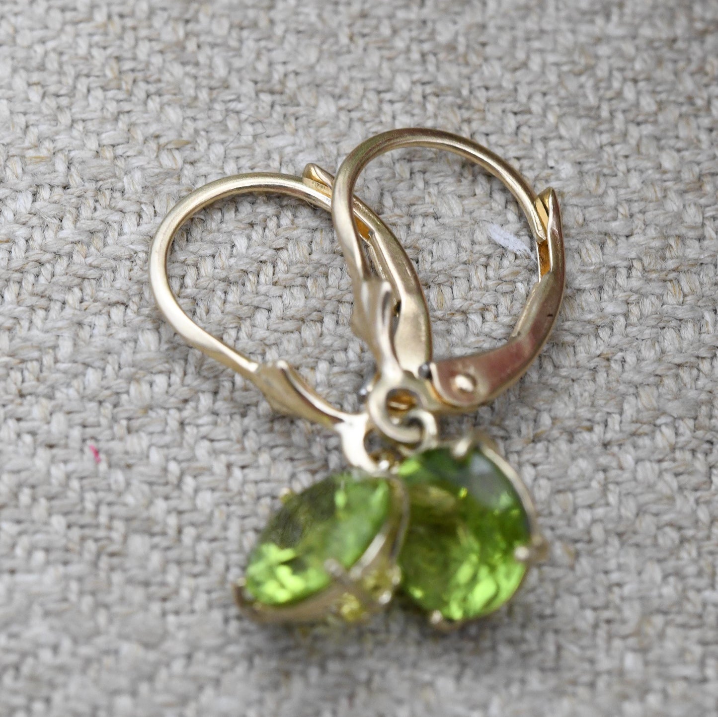 14ct Gold Peridot Drop Earrings Yellow Gold Lever Backs - Green Gemstone Faceted Round Pendant Dangle Drops