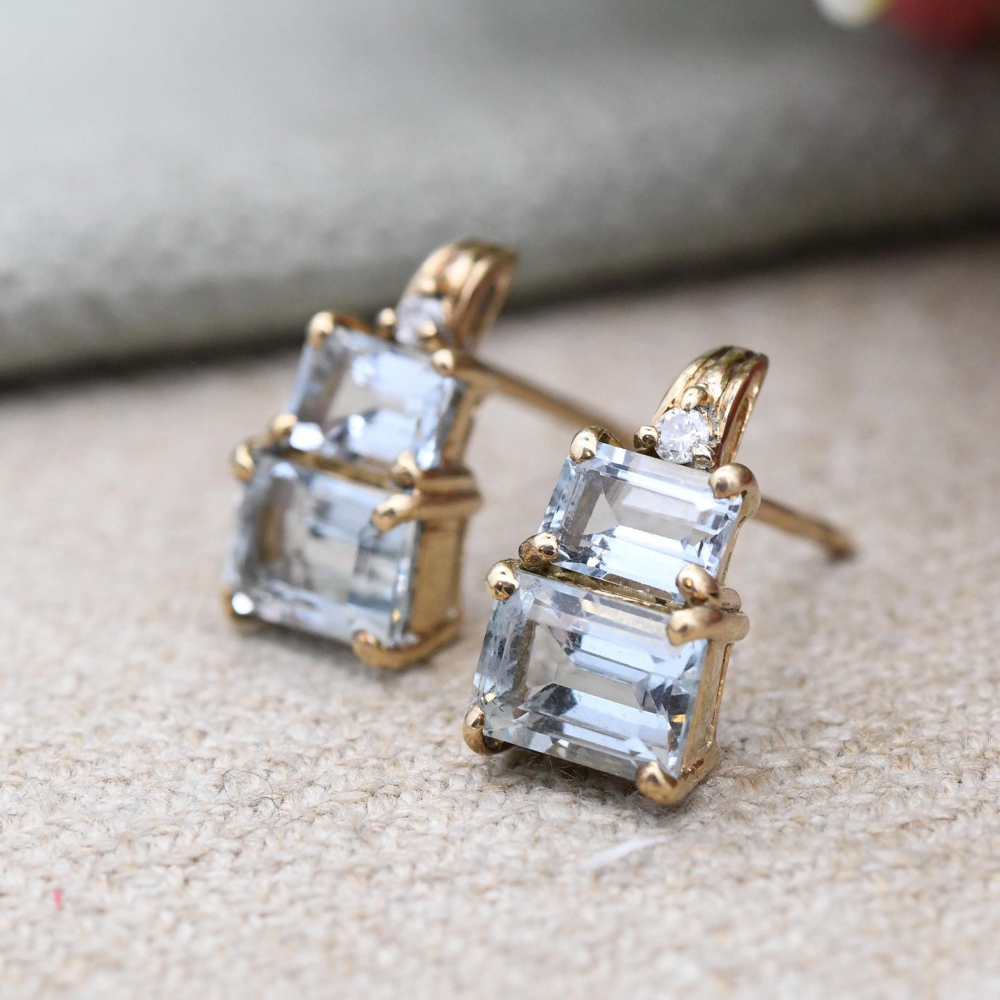 9ct Gold Diamond and Blue Stone Stud Earrings Emerald Cut - Graduated Blue Gemstone Studs | Solid Yellow Gold Jewellery Gift for Her