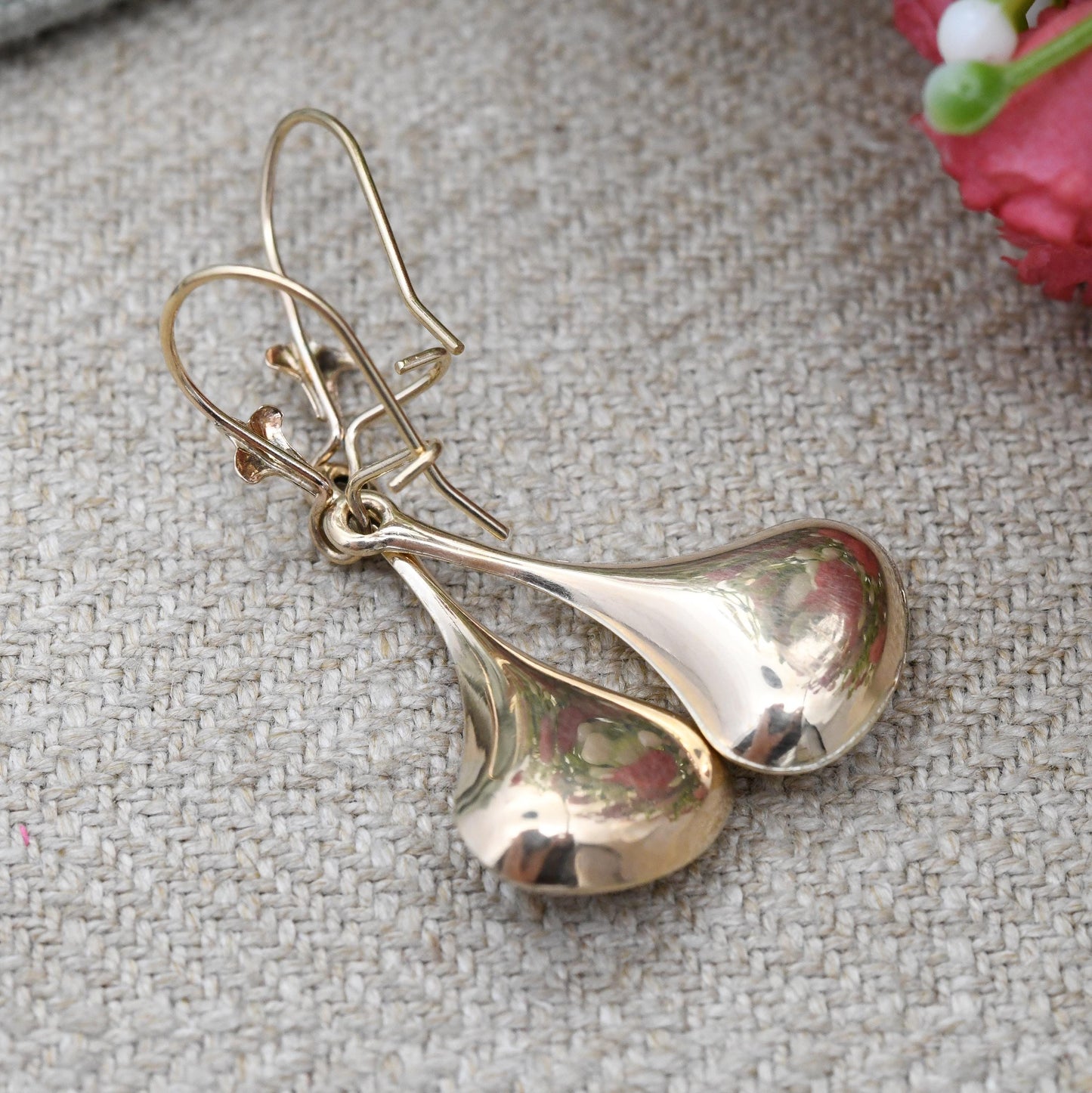 Vintage 9ct Gold Liquid Drop Earrings - Minimal Big Teardrops Gold Dangle Earrings | Minimalist Design Jewellery | c. 1980s