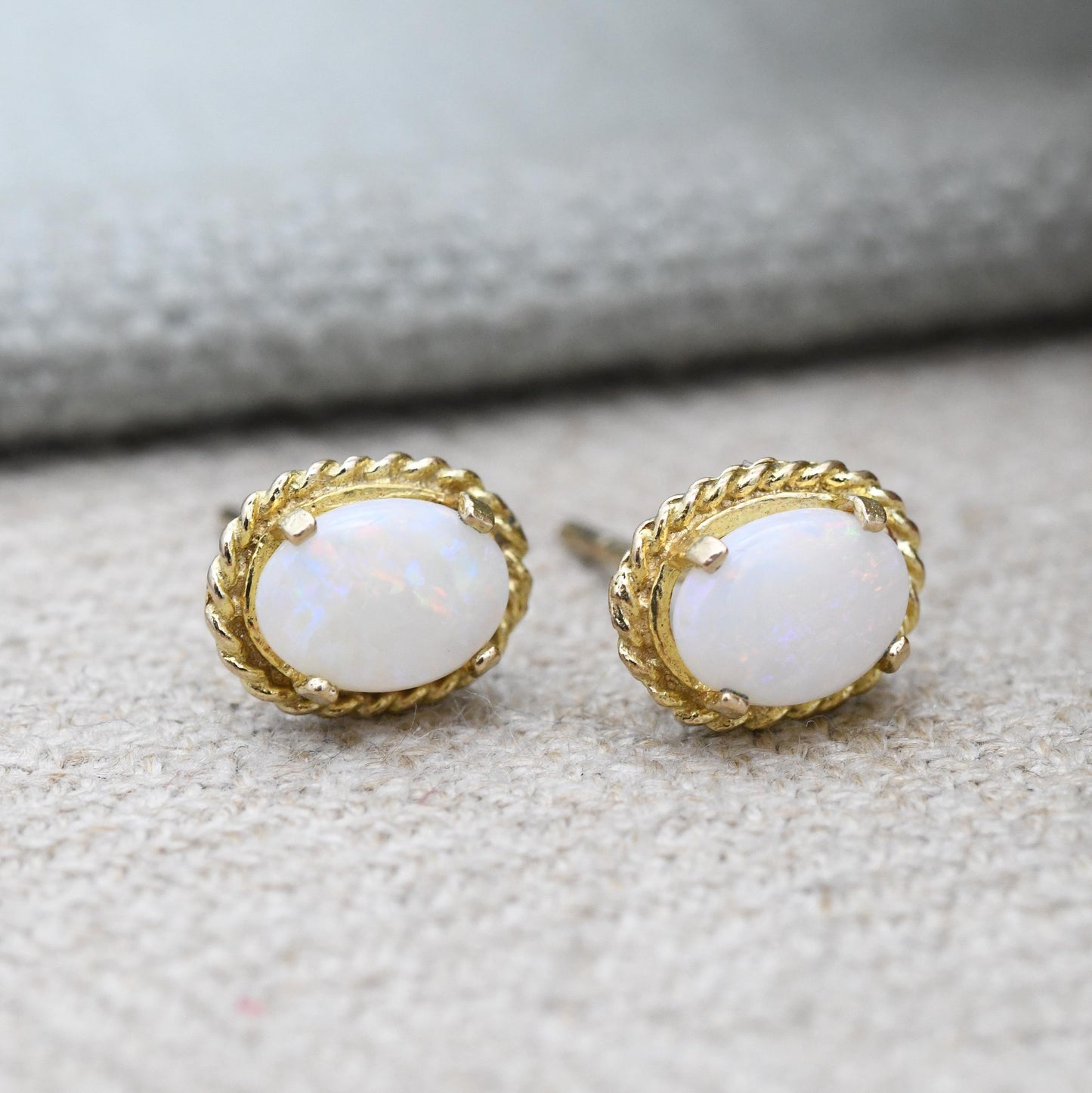 Vintage 9ct Gold Opal Stud Earrings 1979 - Rope Twist Design Prong Mount | Small Delicate Studs