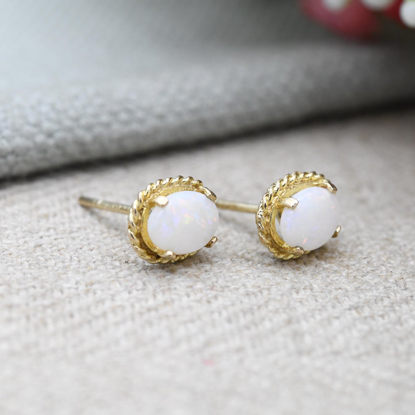 Vintage 9ct Gold Opal Stud Earrings 1979 - Rope Twist Design Prong Mount | Small Delicate Studs