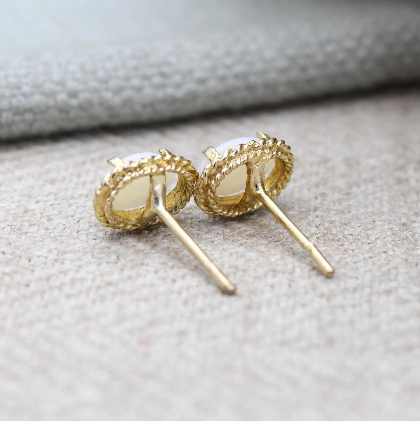 Vintage 9ct Gold Opal Stud Earrings 1979 - Rope Twist Design Prong Mount | Small Delicate Studs