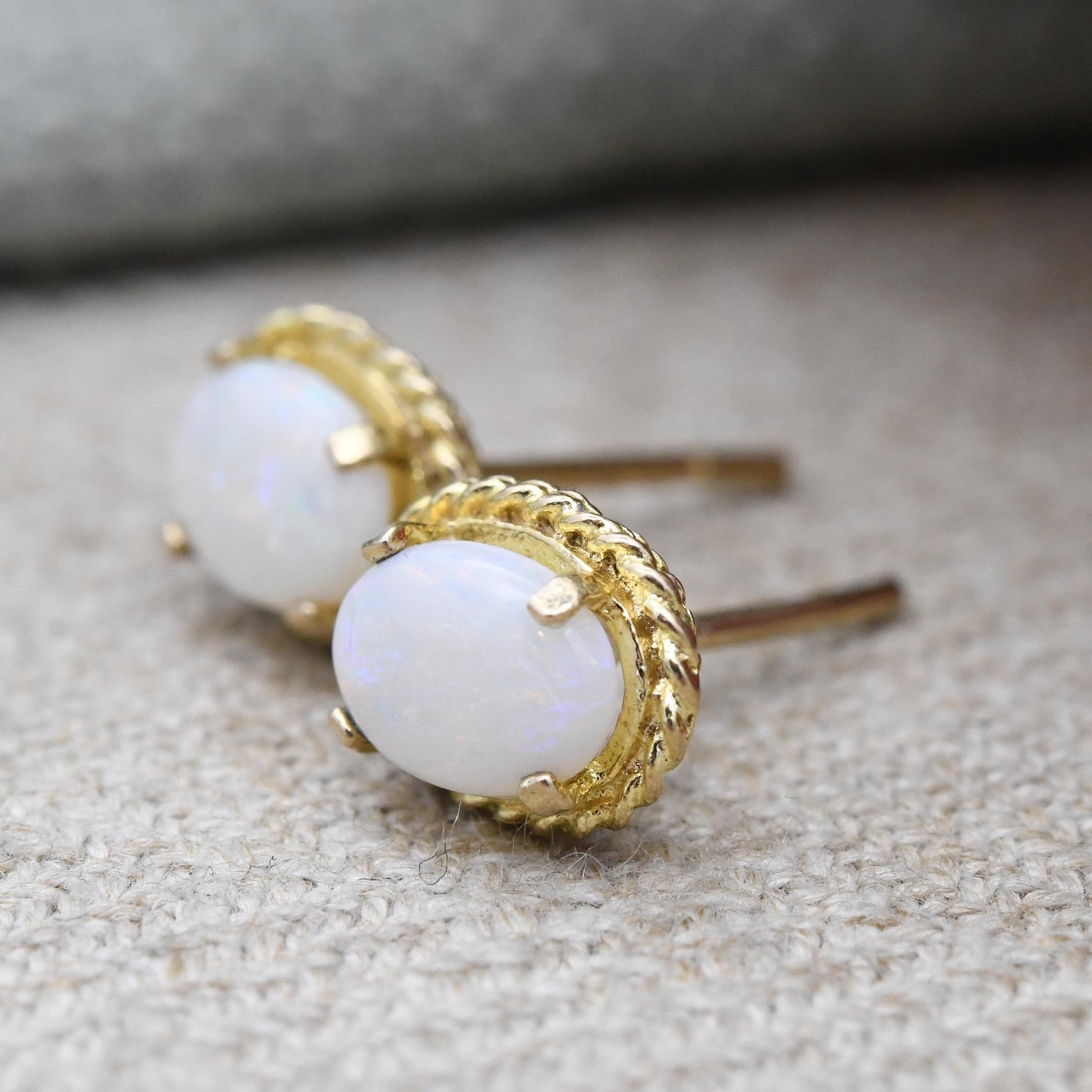 Vintage 9ct Gold Opal Stud Earrings 1979 - Rope Twist Design Prong Mount | Small Delicate Studs