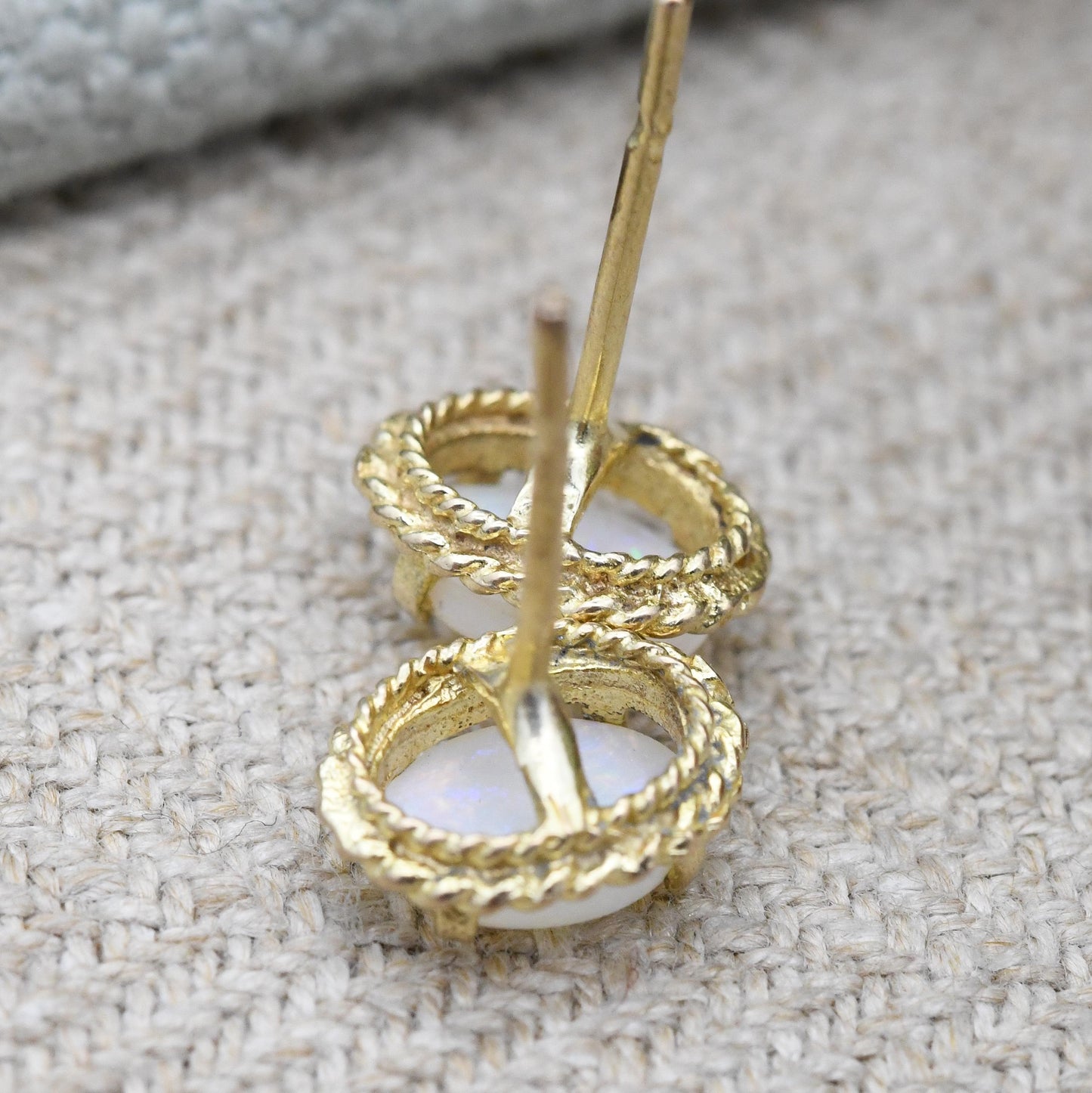 Vintage 9ct Gold Opal Stud Earrings 1979 - Rope Twist Design Prong Mount | Small Delicate Studs