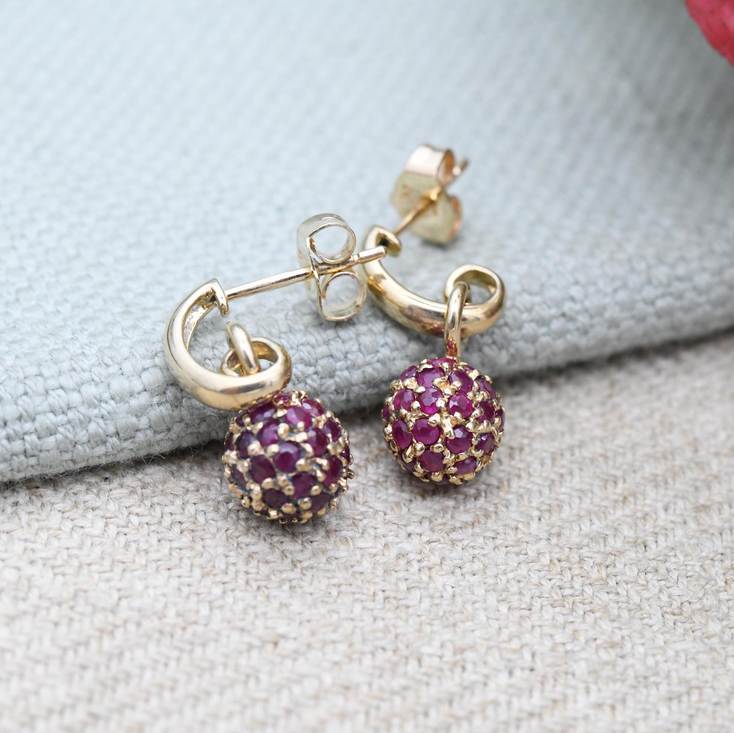 9ct Gold Ruby Bauble Stud Earrings 2004 - Red Gemstone Disco Ball Style | July Birthstone Birthday Gift | Solid Yellow Gold Butterfly Back