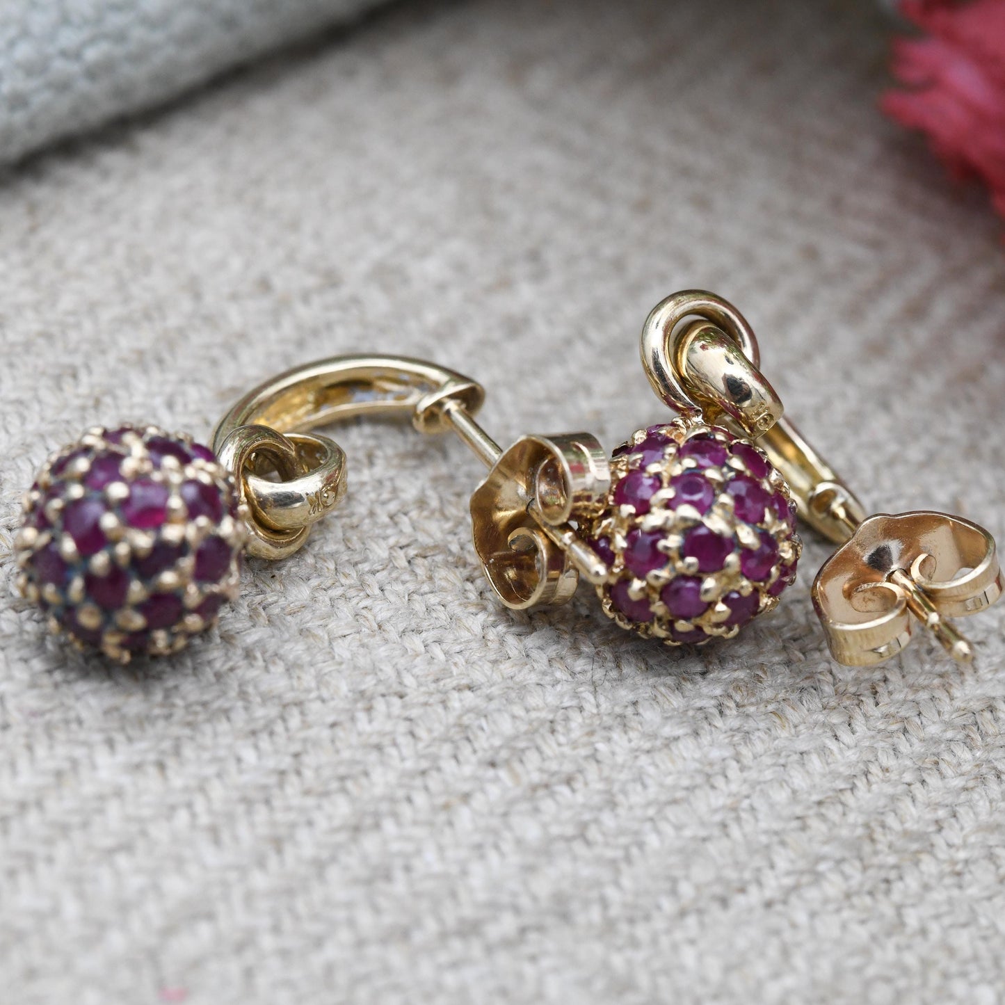 9ct Gold Ruby Bauble Stud Earrings 2004 - Red Gemstone Disco Ball Style | July Birthstone Birthday Gift | Solid Yellow Gold Butterfly Back
