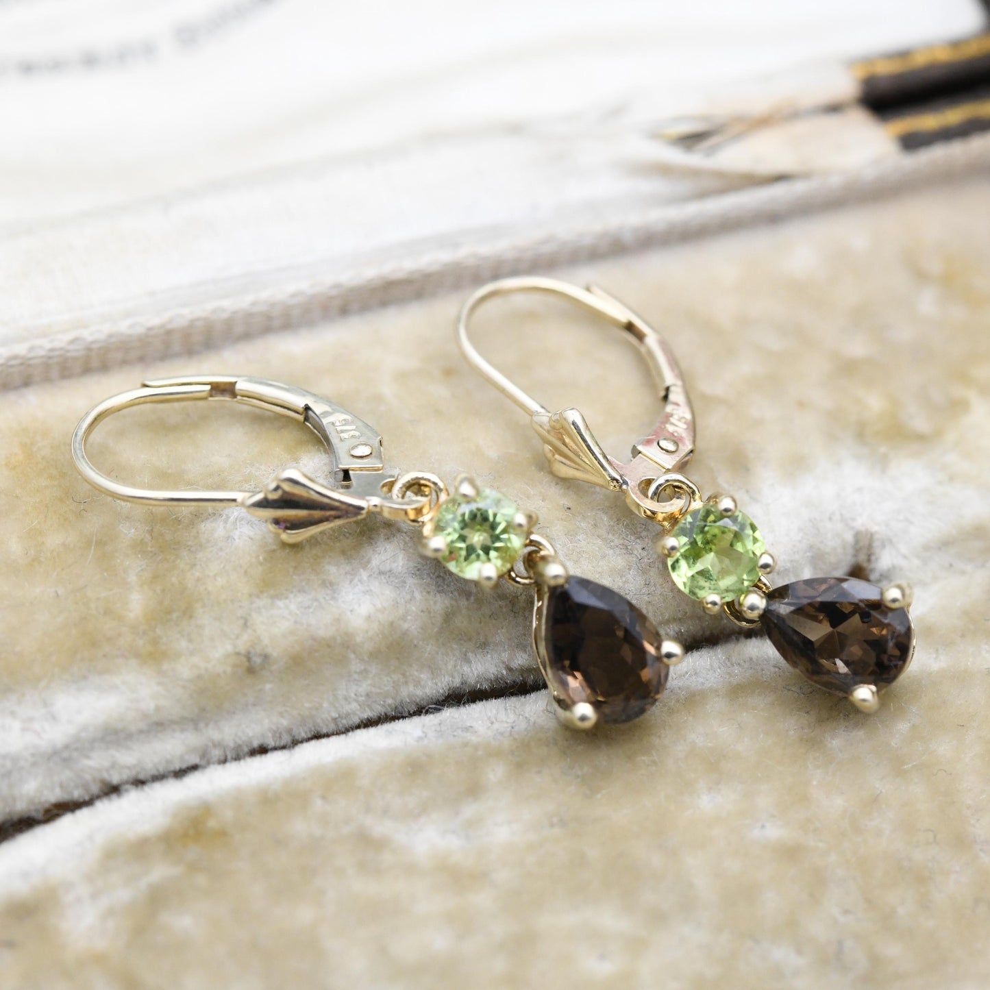 9ct Gold Peridot and Smoky Quartz Articulated Drop Earrings - Faceted Teardrop Green and Brown Gemstone Dangle Earrings | Jewellery Gift