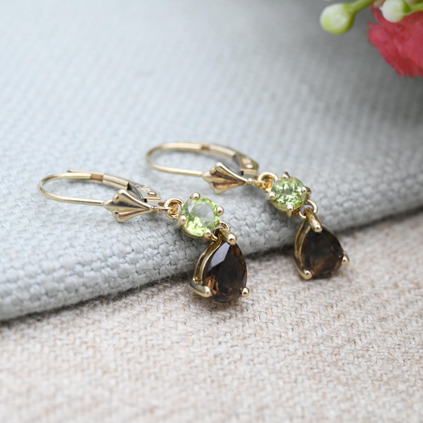 9ct Gold Peridot and Smoky Quartz Articulated Drop Earrings - Faceted Teardrop Green and Brown Gemstone Dangle Earrings | Jewellery Gift