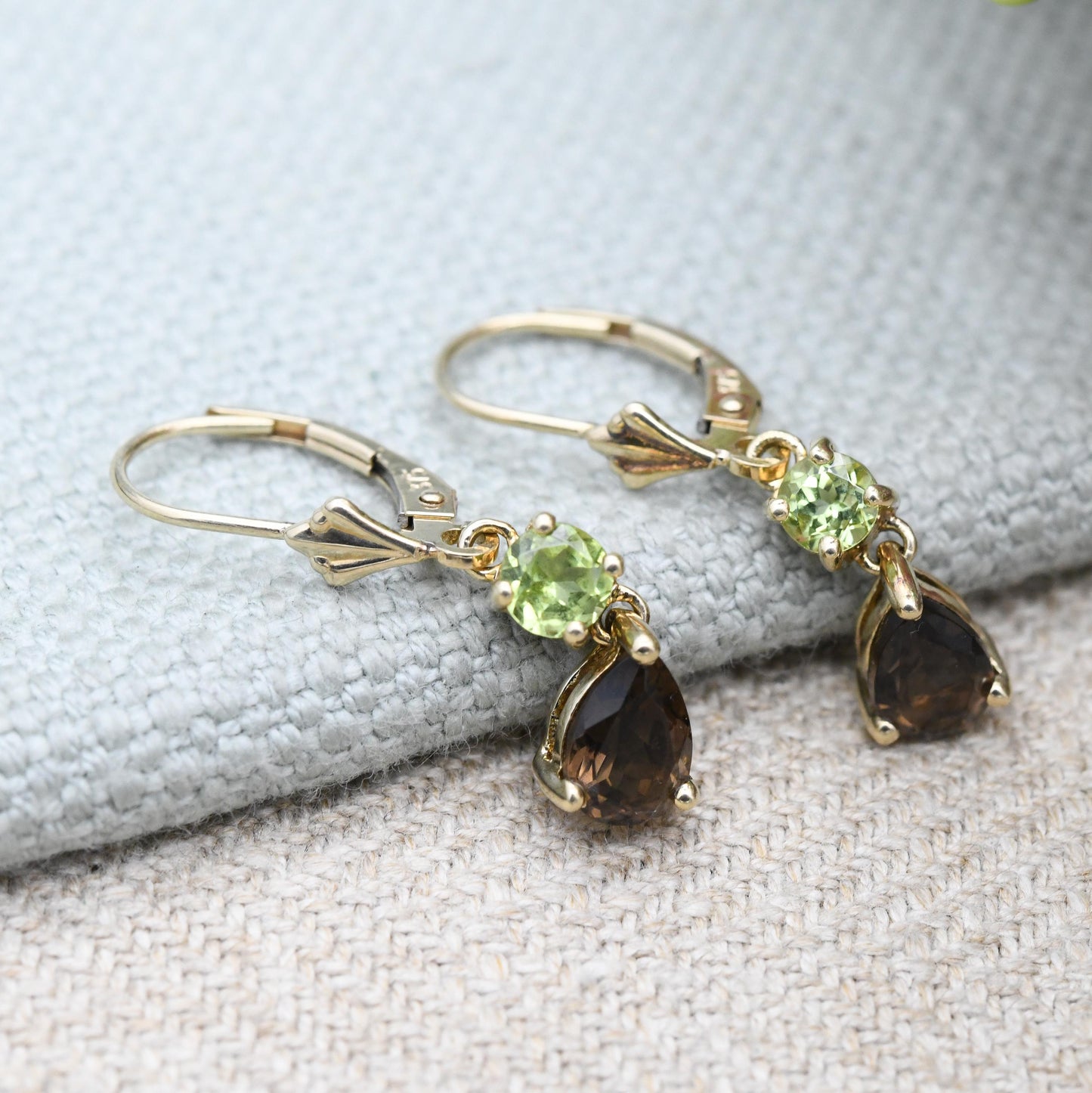 9ct Gold Peridot and Smoky Quartz Articulated Drop Earrings - Faceted Teardrop Green and Brown Gemstone Dangle Earrings | Jewellery Gift