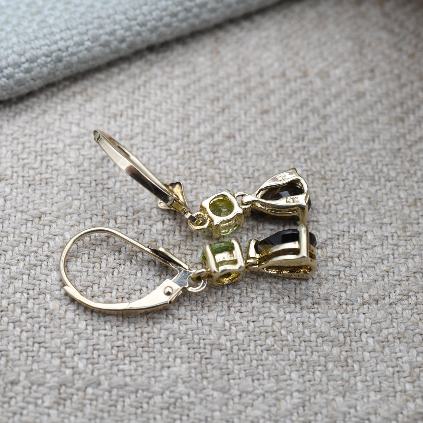 9ct Gold Peridot and Smoky Quartz Articulated Drop Earrings - Faceted Teardrop Green and Brown Gemstone Dangle Earrings | Jewellery Gift