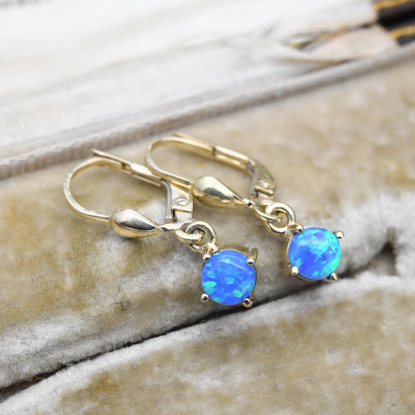 14ct Gold Blue Opal Drop Earrings - Solid Yellow Gold Synthetic Opal Earrings | ARPAS | Pretty Multicoloured Gemstones | Gift for Her