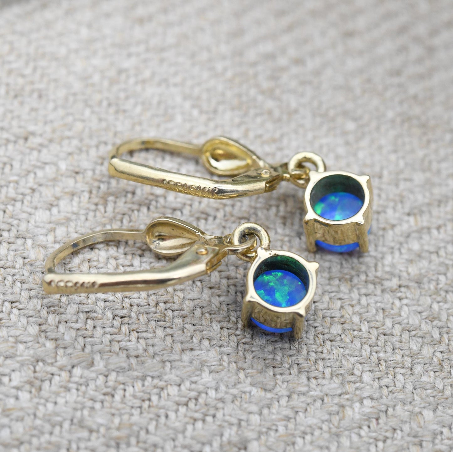 14ct Gold Blue Opal Drop Earrings - Solid Yellow Gold Synthetic Opal Earrings | ARPAS | Pretty Multicoloured Gemstones | Gift for Her