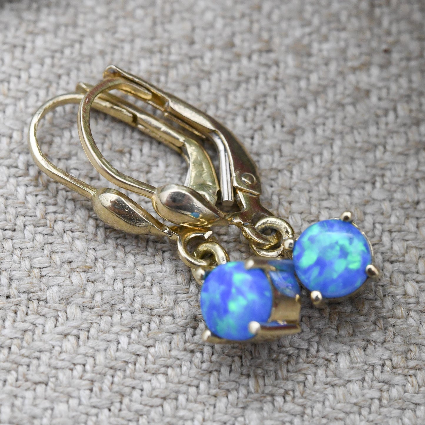 14ct Gold Blue Opal Drop Earrings - Solid Yellow Gold Synthetic Opal Earrings | ARPAS | Pretty Multicoloured Gemstones | Gift for Her