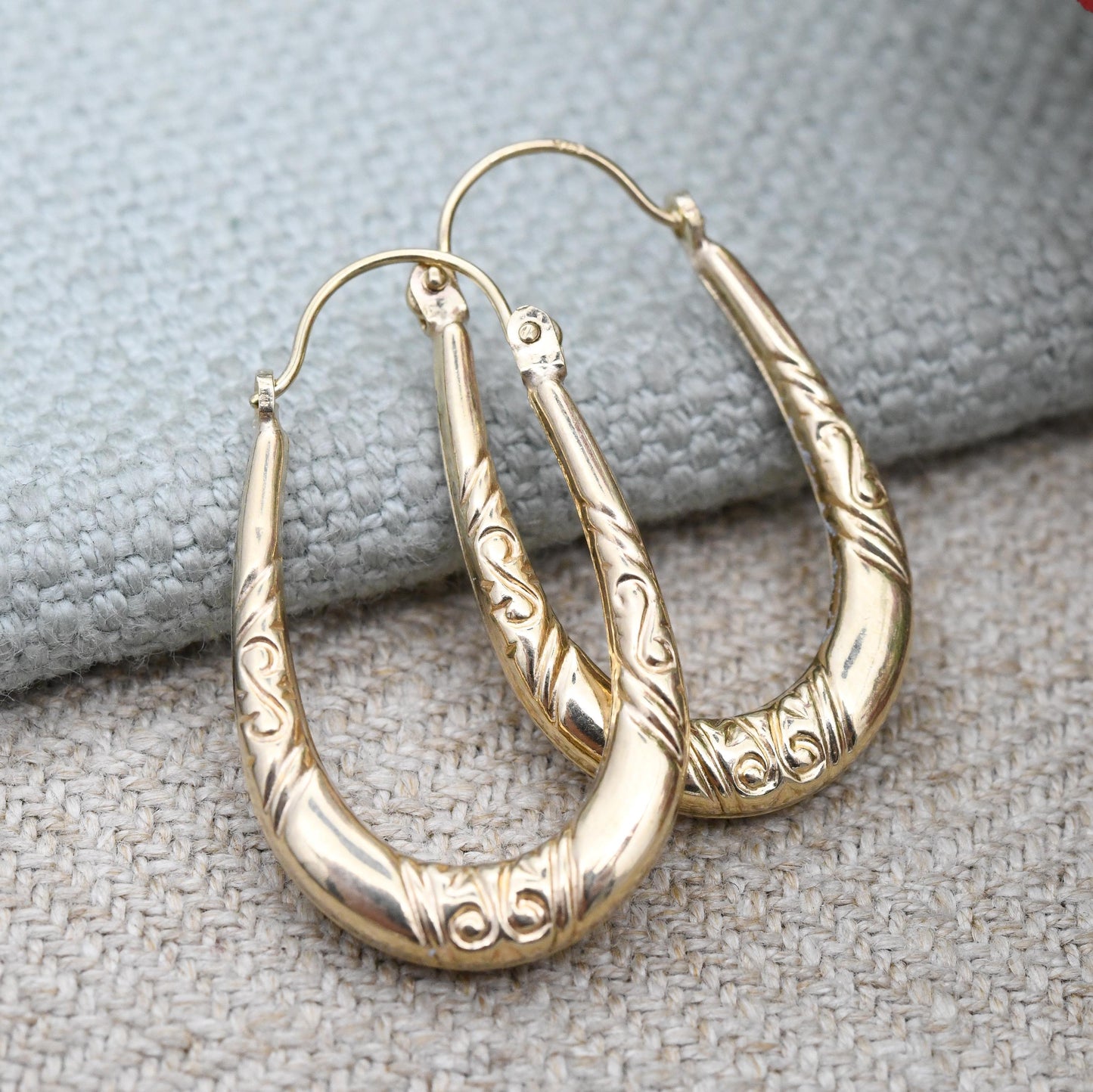 Vintage 9ct Gold Patterns Hoop Earrings Scrolling Design - Solid Yellow Gold Hoops | Oval Shape | Pretty Gold Jewellery Gift for Her