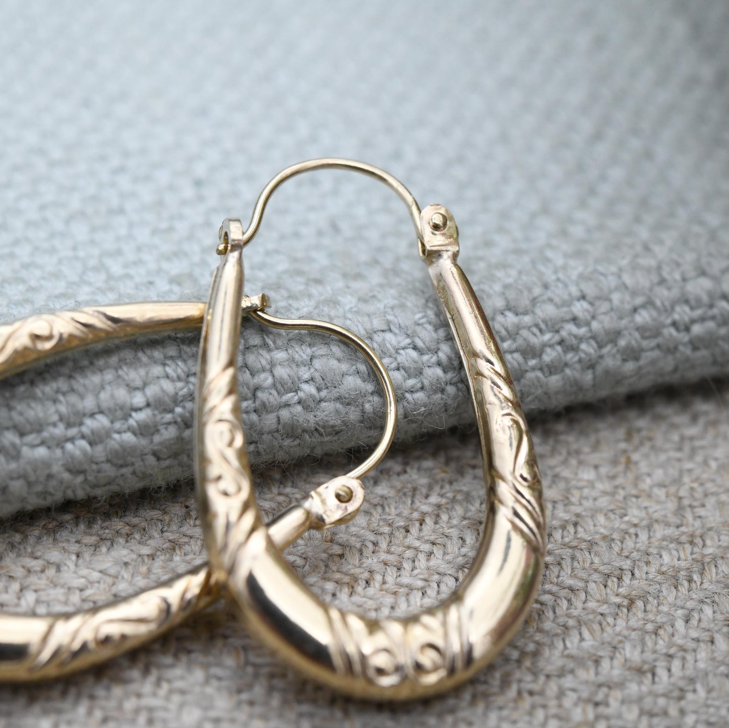 Vintage 9ct Gold Patterns Hoop Earrings Scrolling Design - Solid Yellow Gold Hoops | Oval Shape | Pretty Gold Jewellery Gift for Her