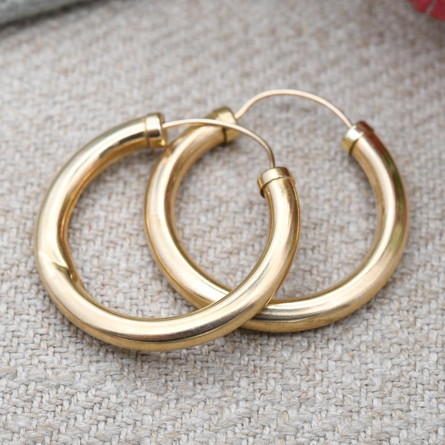 Vintage 9ct Gold Hoop Earrings 25mm Diameter - Yellow Gold Hollow Round Circle Hoops | Minimal Everyday Plain Work Hoops