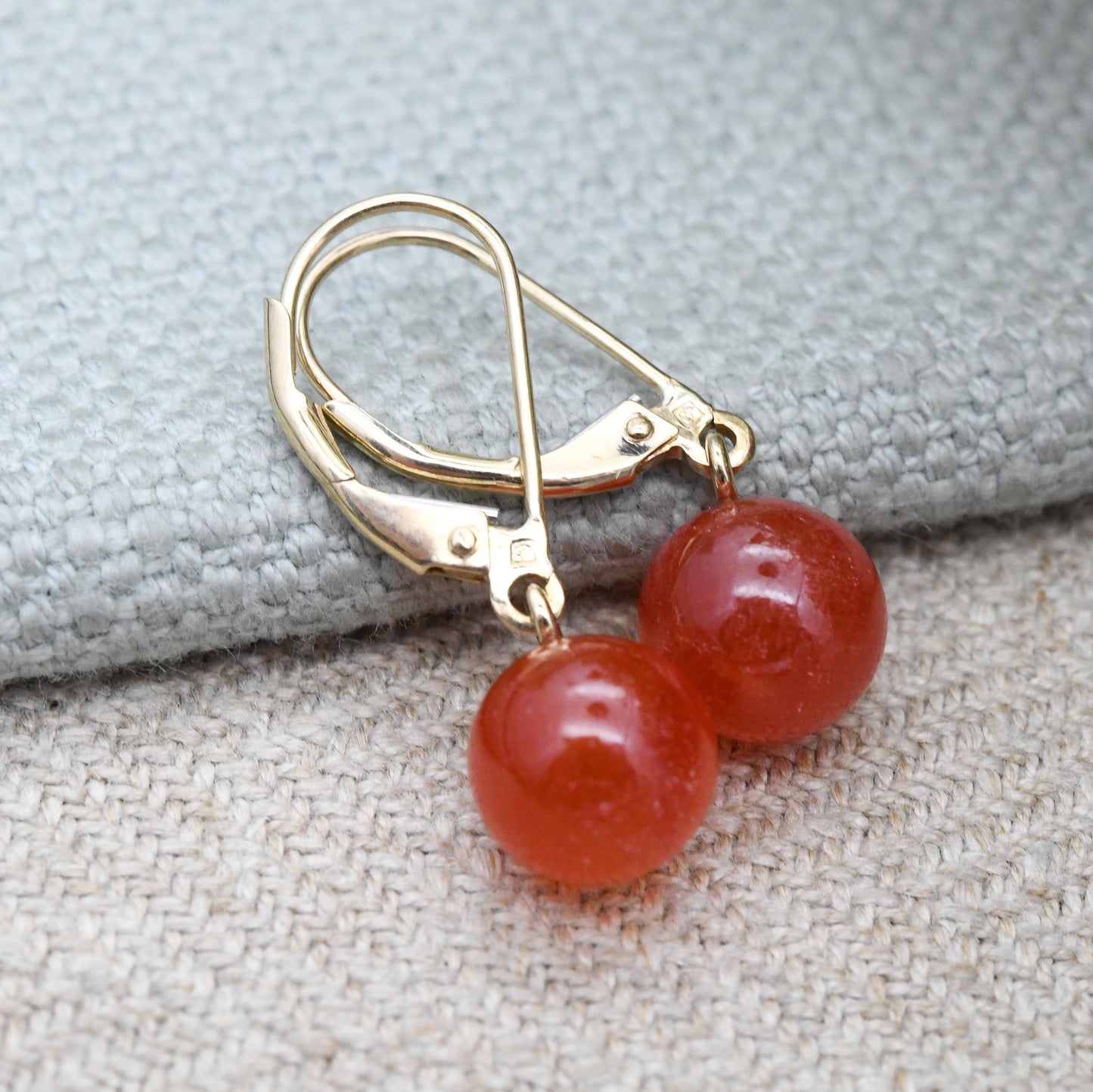 9ct Gold Red Ball Drop Earrings with Gemstone - Solid Gold Dangle Stud Earrings | Round Bead Stone | Pretty Jewellery Gift