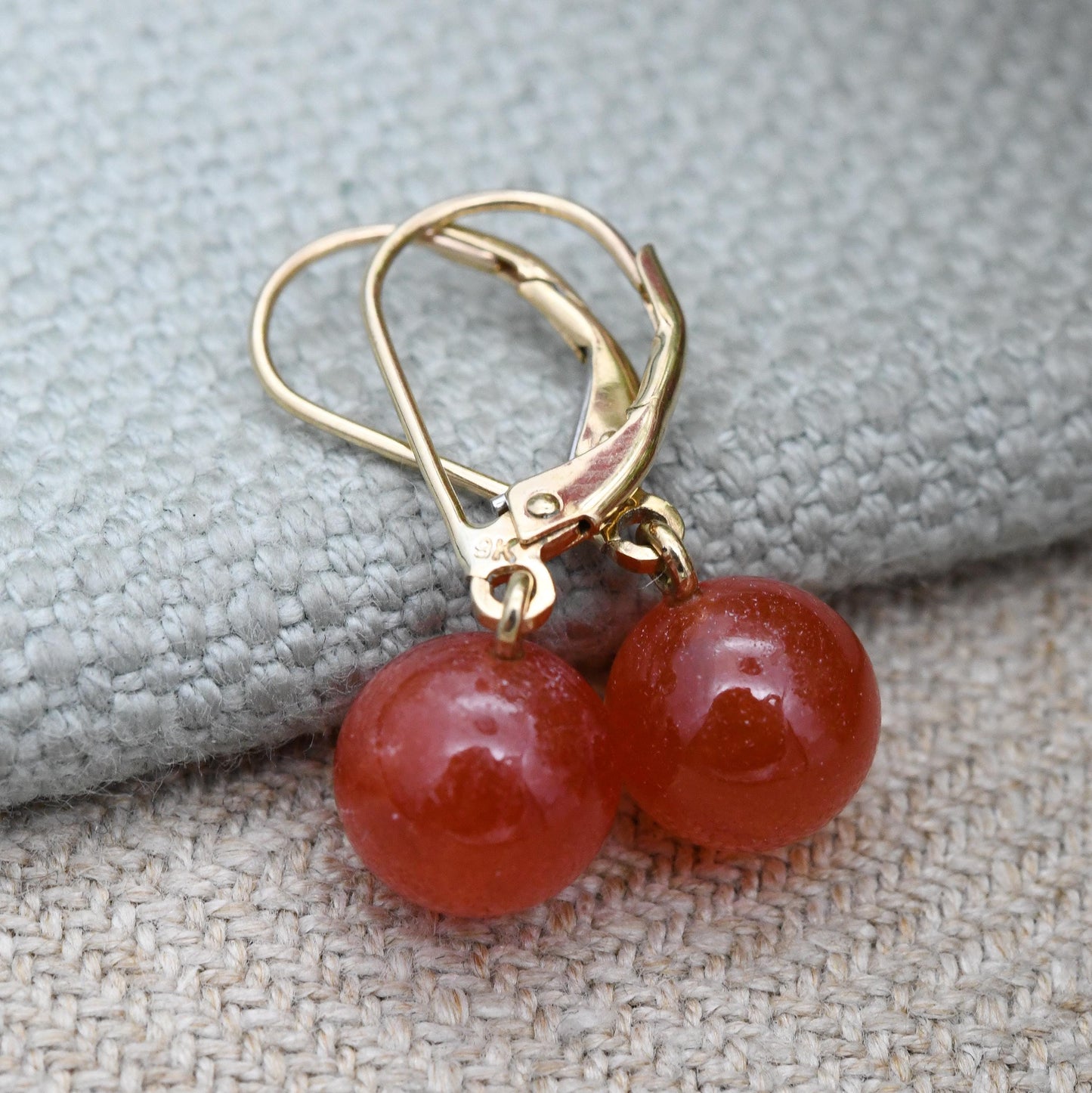 9ct Gold Red Ball Drop Earrings with Gemstone - Solid Gold Dangle Stud Earrings | Round Bead Stone | Pretty Jewellery Gift