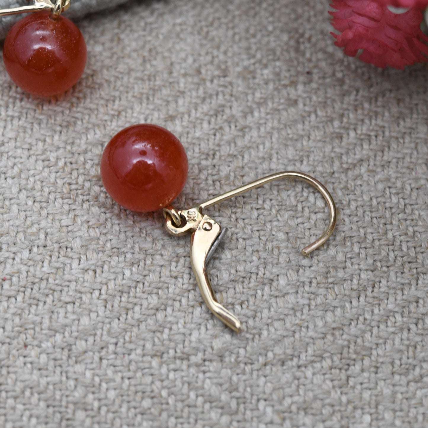 9ct Gold Red Ball Drop Earrings with Gemstone - Solid Gold Dangle Stud Earrings | Round Bead Stone | Pretty Jewellery Gift