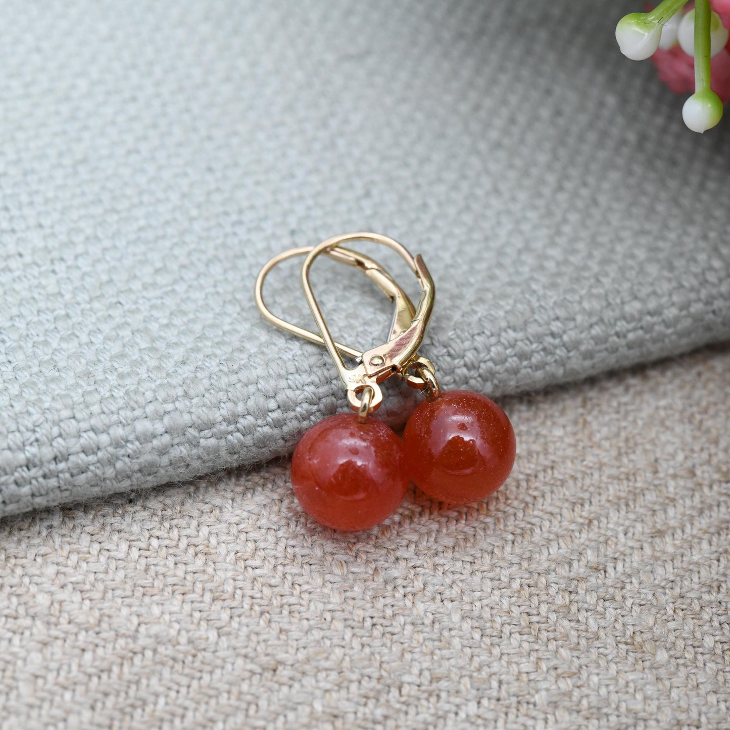 9ct Gold Red Ball Drop Earrings with Gemstone - Solid Gold Dangle Stud Earrings | Round Bead Stone | Pretty Jewellery Gift