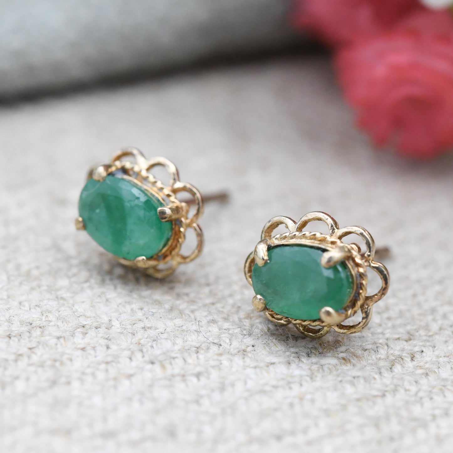 Vintage 9ct Gold Emerald Stud Earrings - Ornate Solitaire Gemstone Mount Twisted Frames Floral Surround | Pretty Gold Jewellery Gift for Her