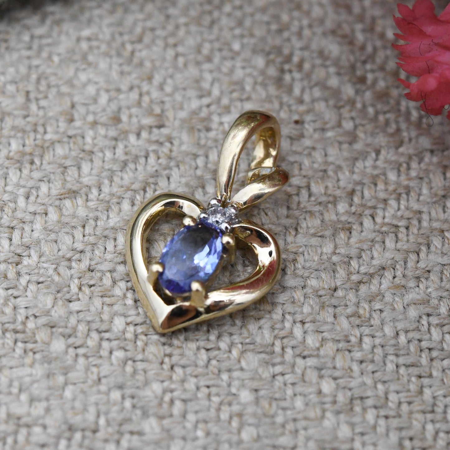 9ct Gold Tanzanite and Diamond Pendant Heart Apple Shape - Solid Gold Miniature Openwork Charm for Necklace Stack | Pretty Gift for Her